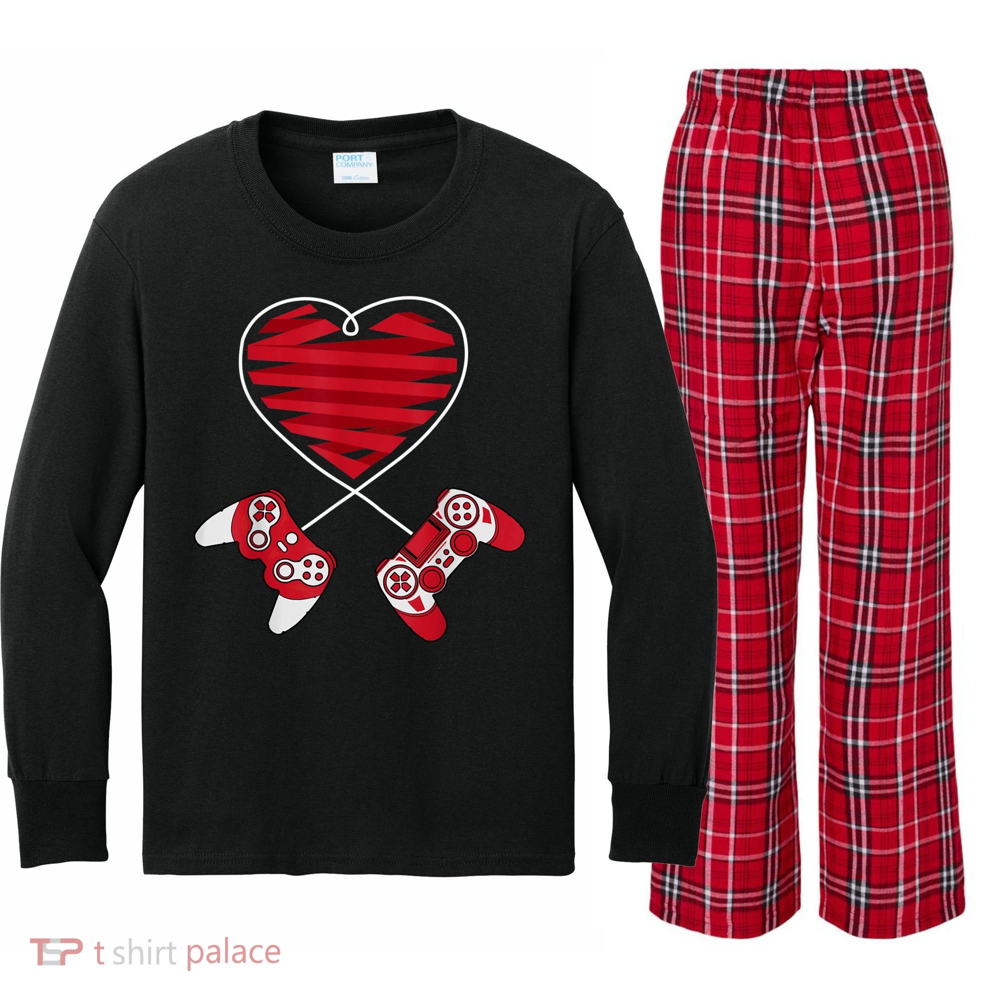 Valentines Day Gamer Shirt Controller Kids Boys Valentine Kids Long Sleeve Plaid Pajama Set
