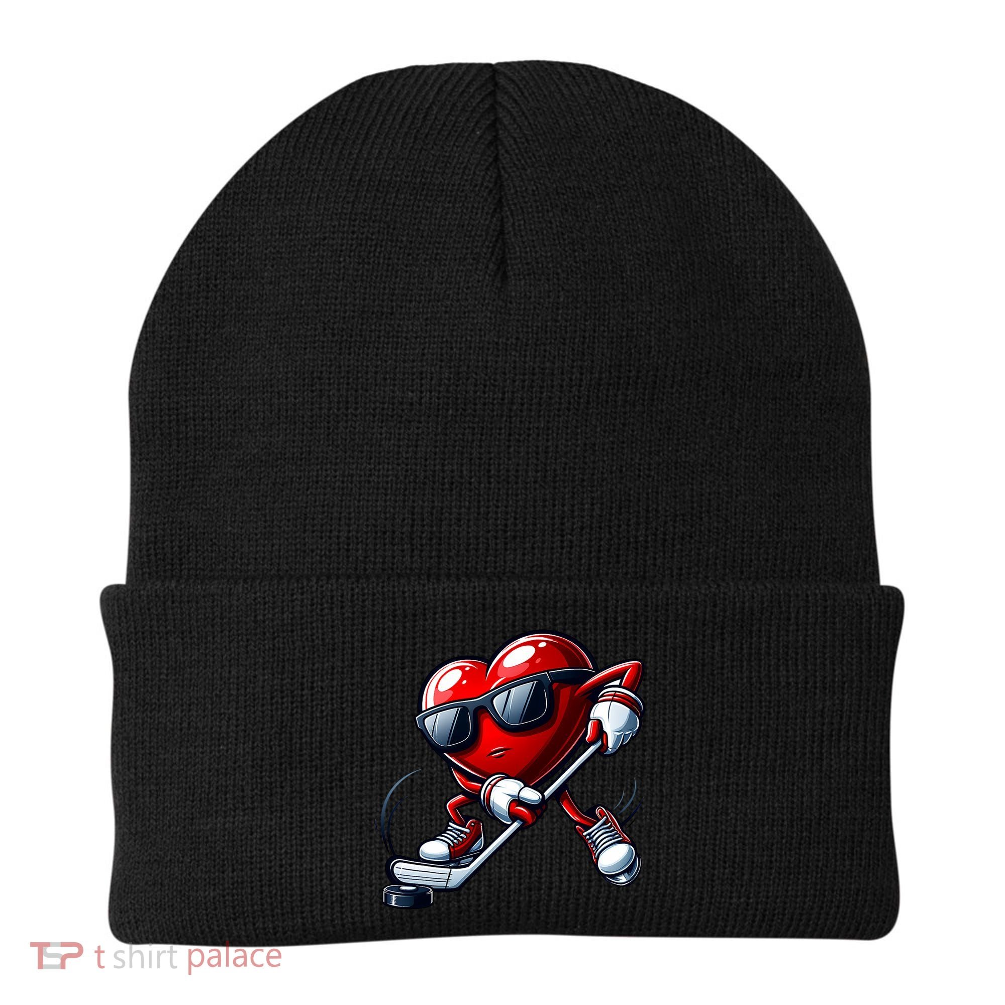 Valentines Day Heart Playing Hockey Beanie