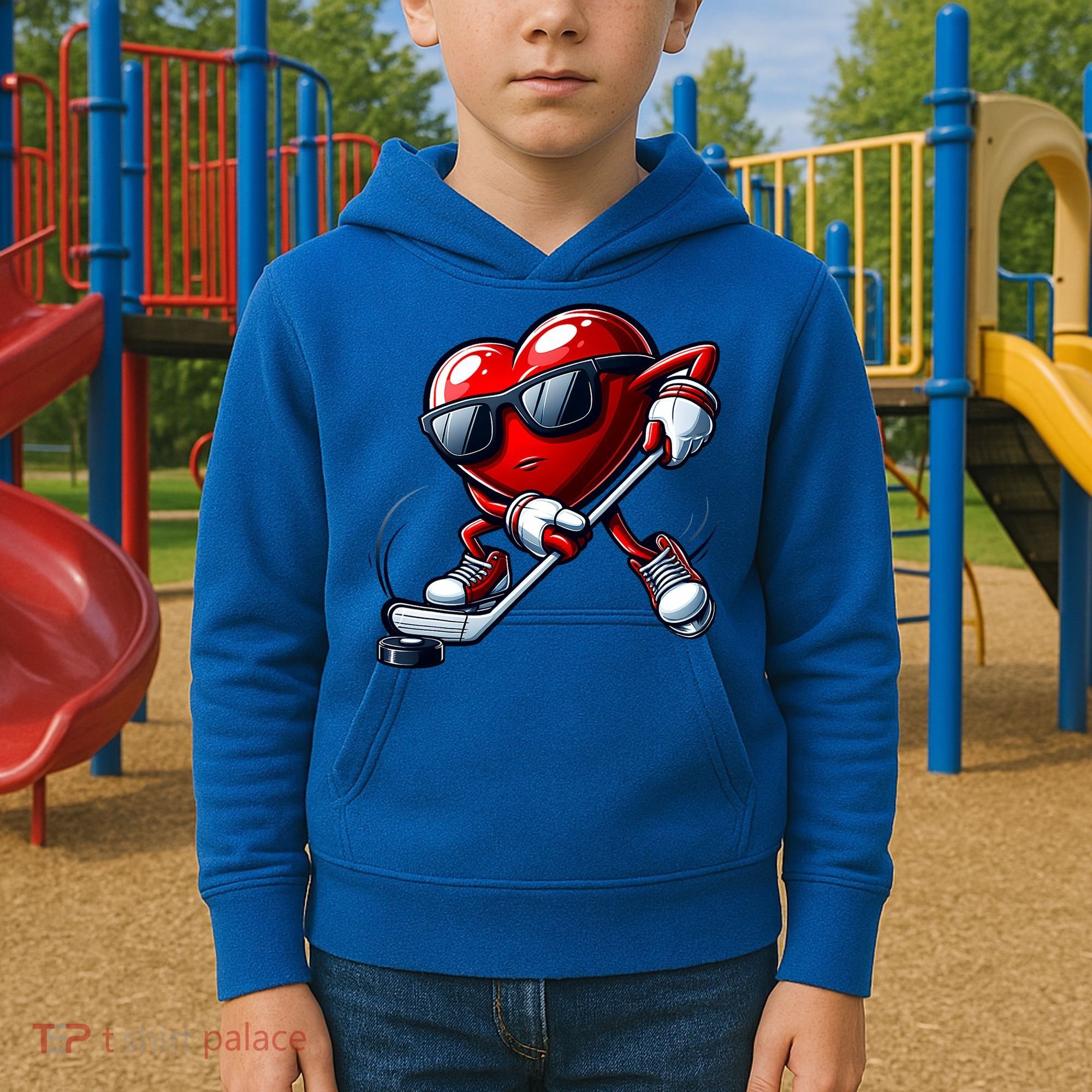 Valentines Day Heart Playing Hockey Kids Hoodie