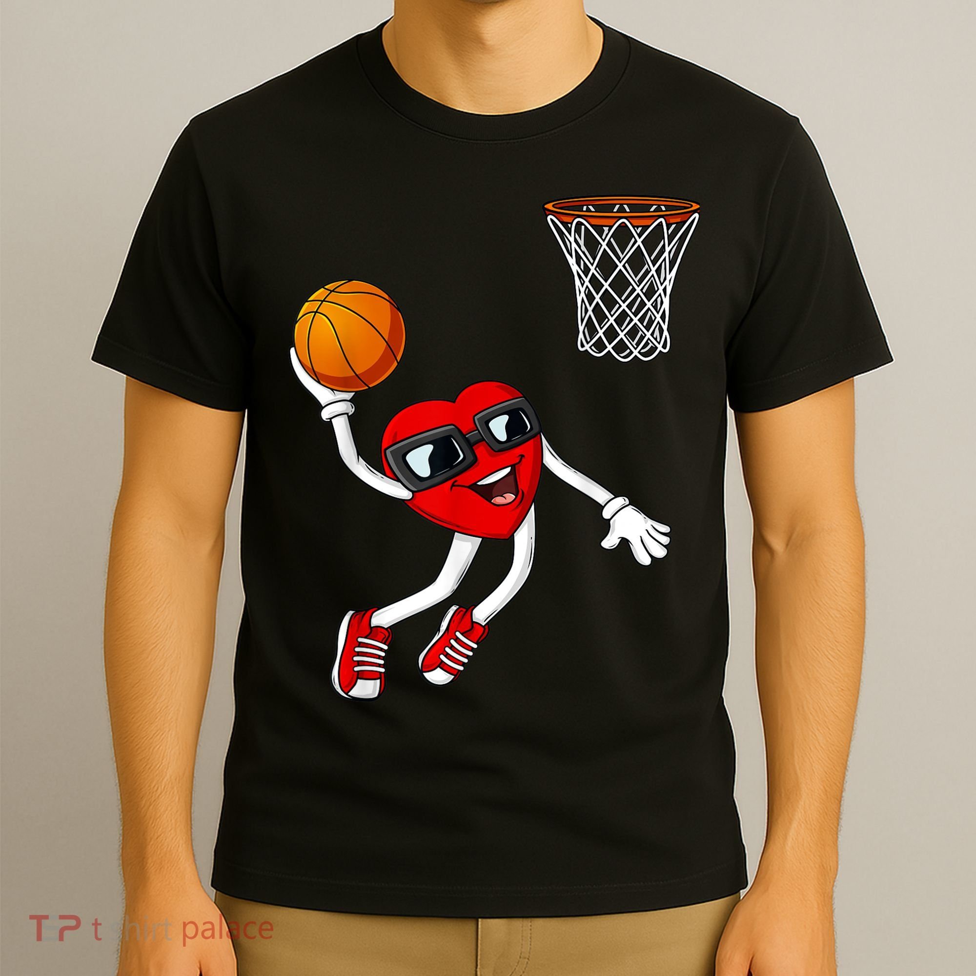 Valentines Day Heart Dunking Basketball Boys Girls Kids T-Shirt