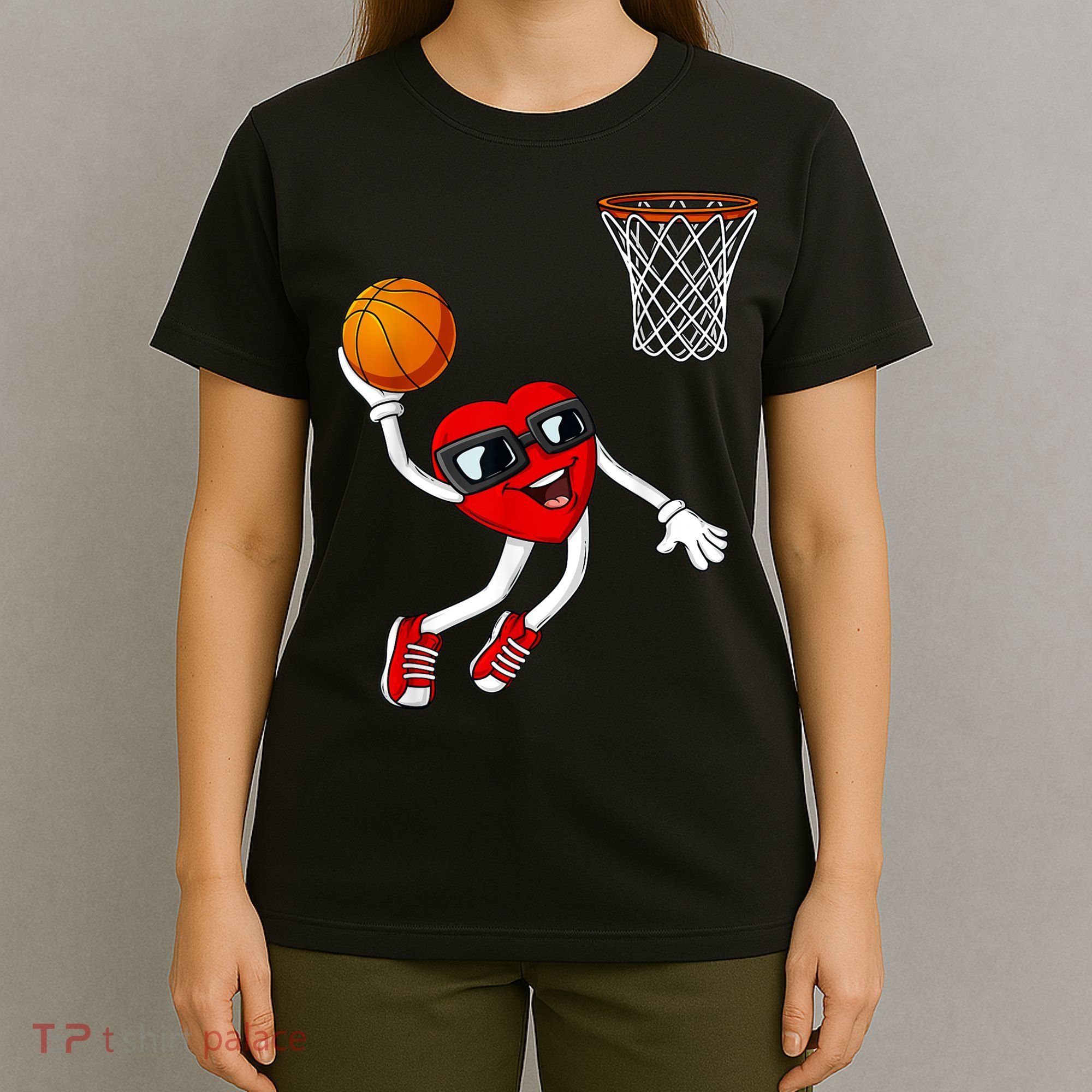 Valentines Day Heart Dunking Basketball Boys Girls Kids T-Shirt