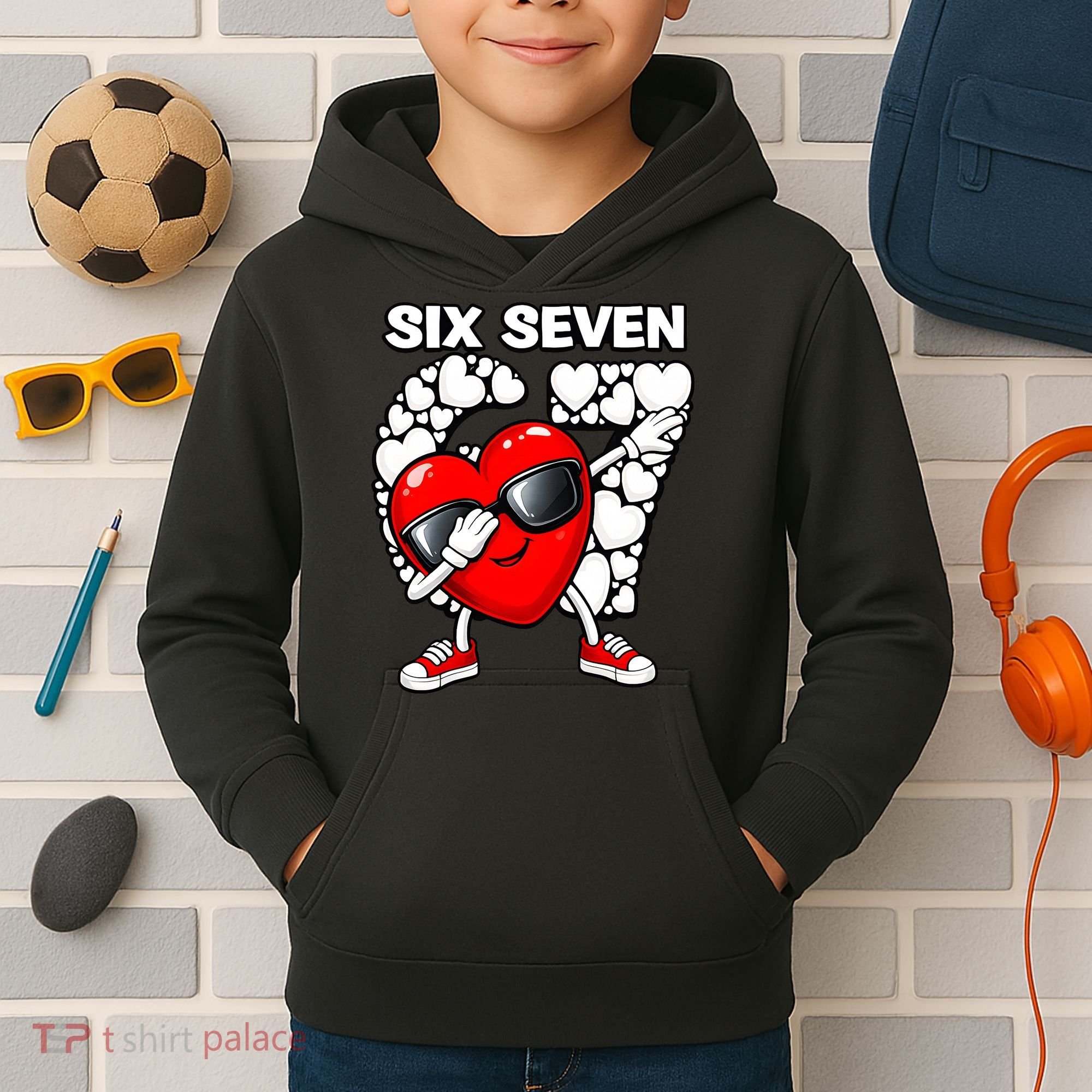 Valentines Day Hearts Dabbing Six Seven 67 Meme Kids Hoodie