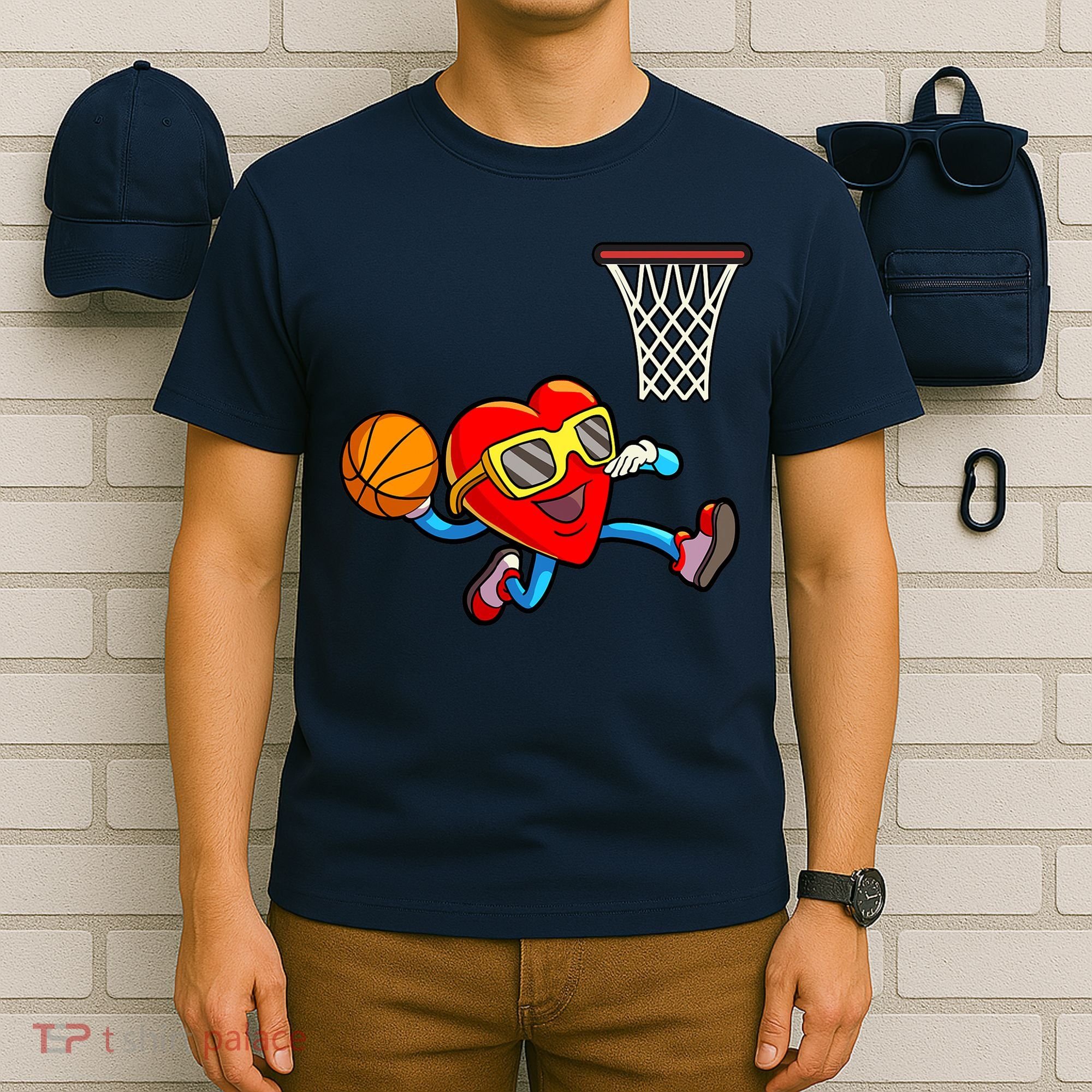 Valentines Day Kids Boys Men Heart Dunking Basketbal T-Shirt