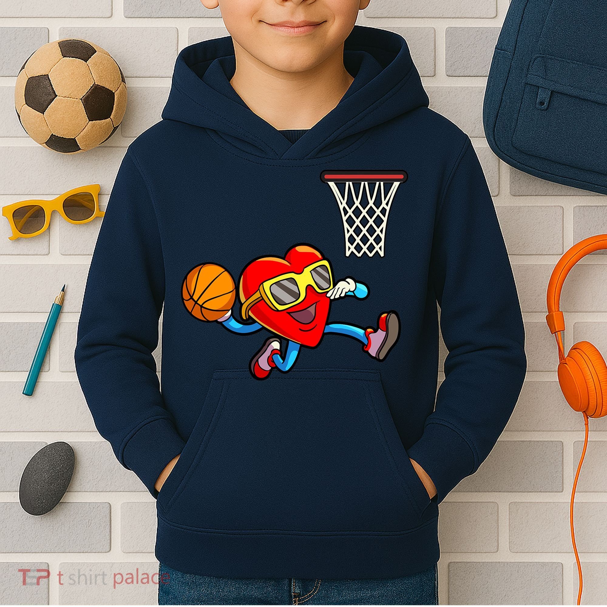 Valentines Day Kids Boys Men Heart Dunking Basketbal Kids Hoodie
