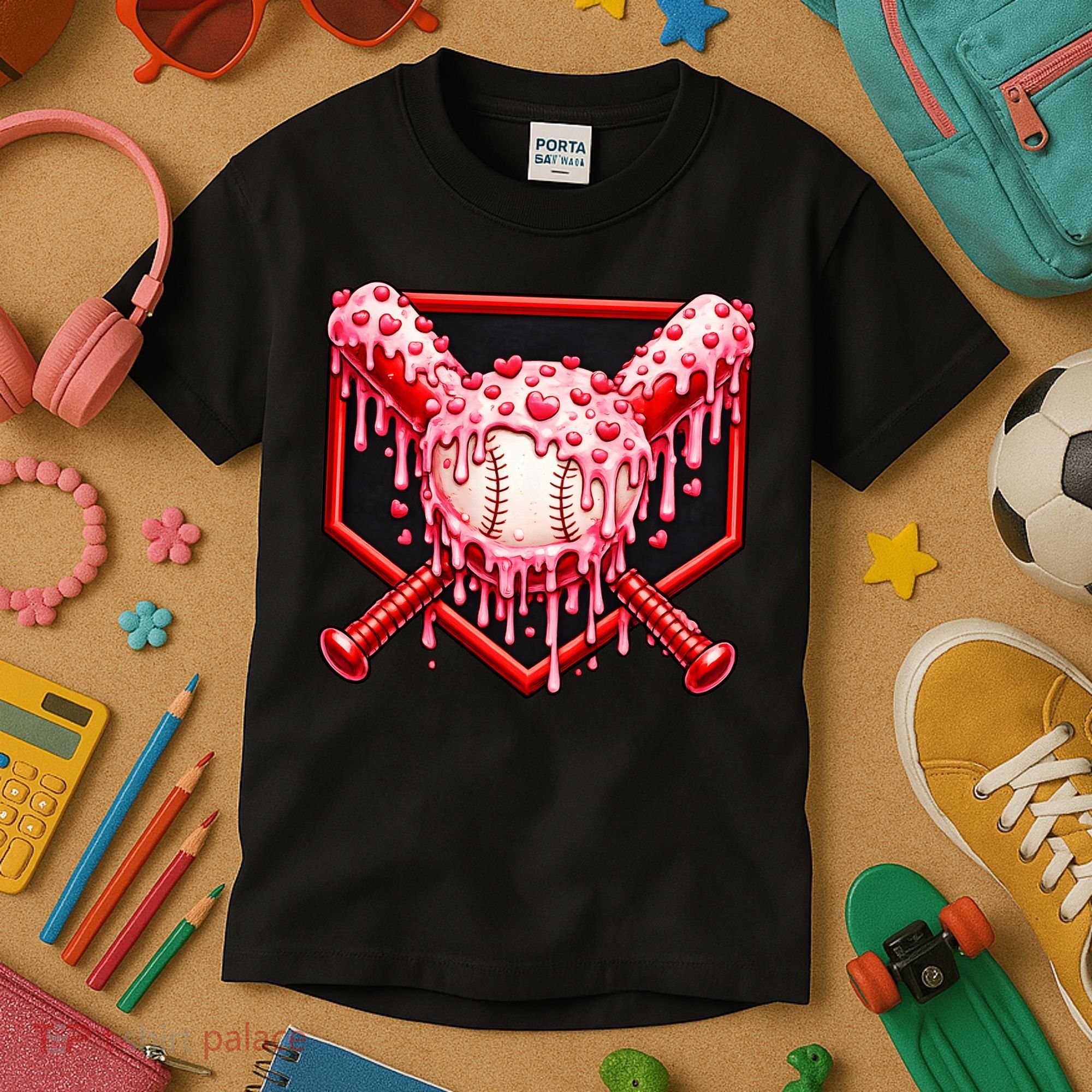 Valentines Day Love Baseball Ice Cream Drip Heart Kids T-Shirt