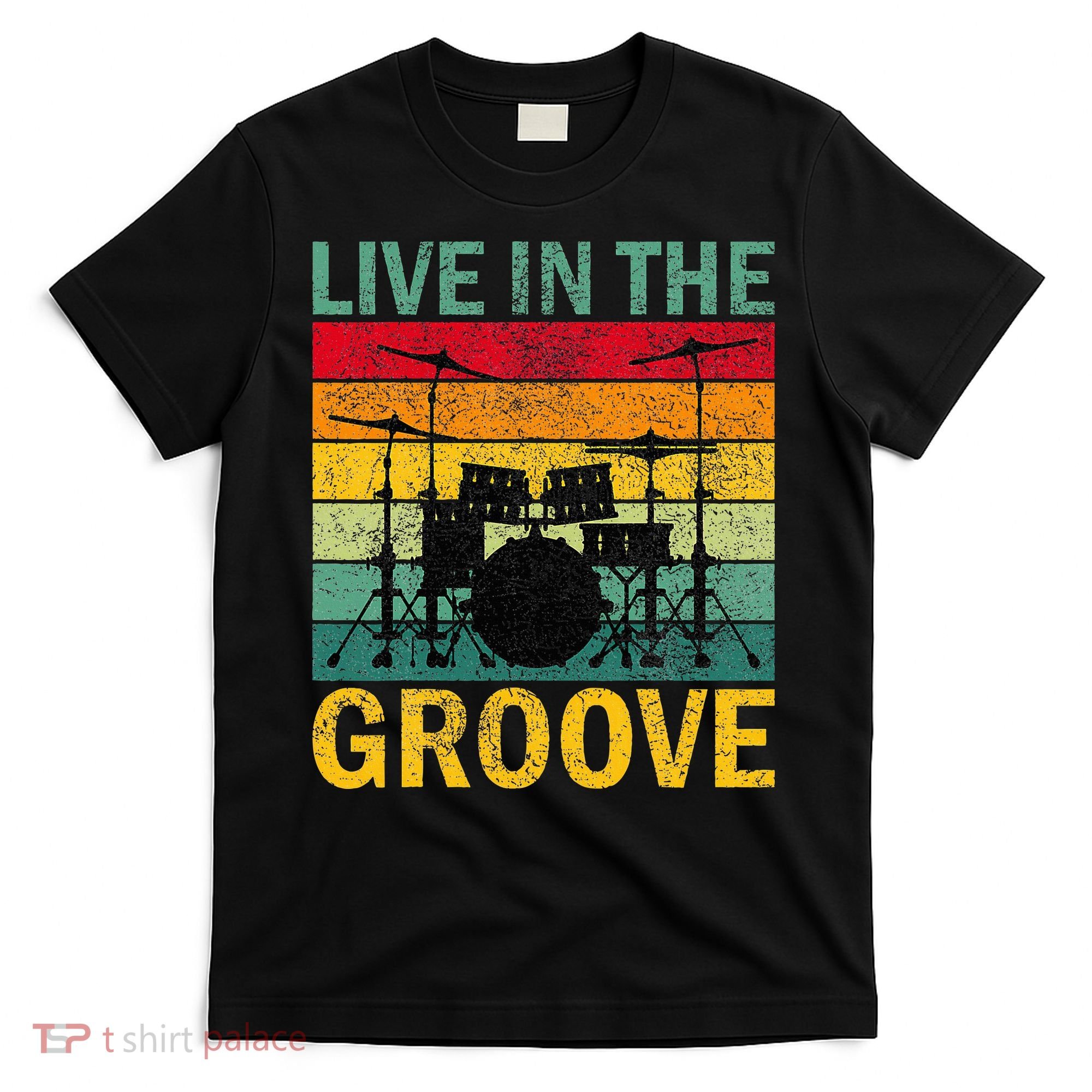 Vintage Drumkit Live In The Groove Retro Drummer Sunset T-Shirt