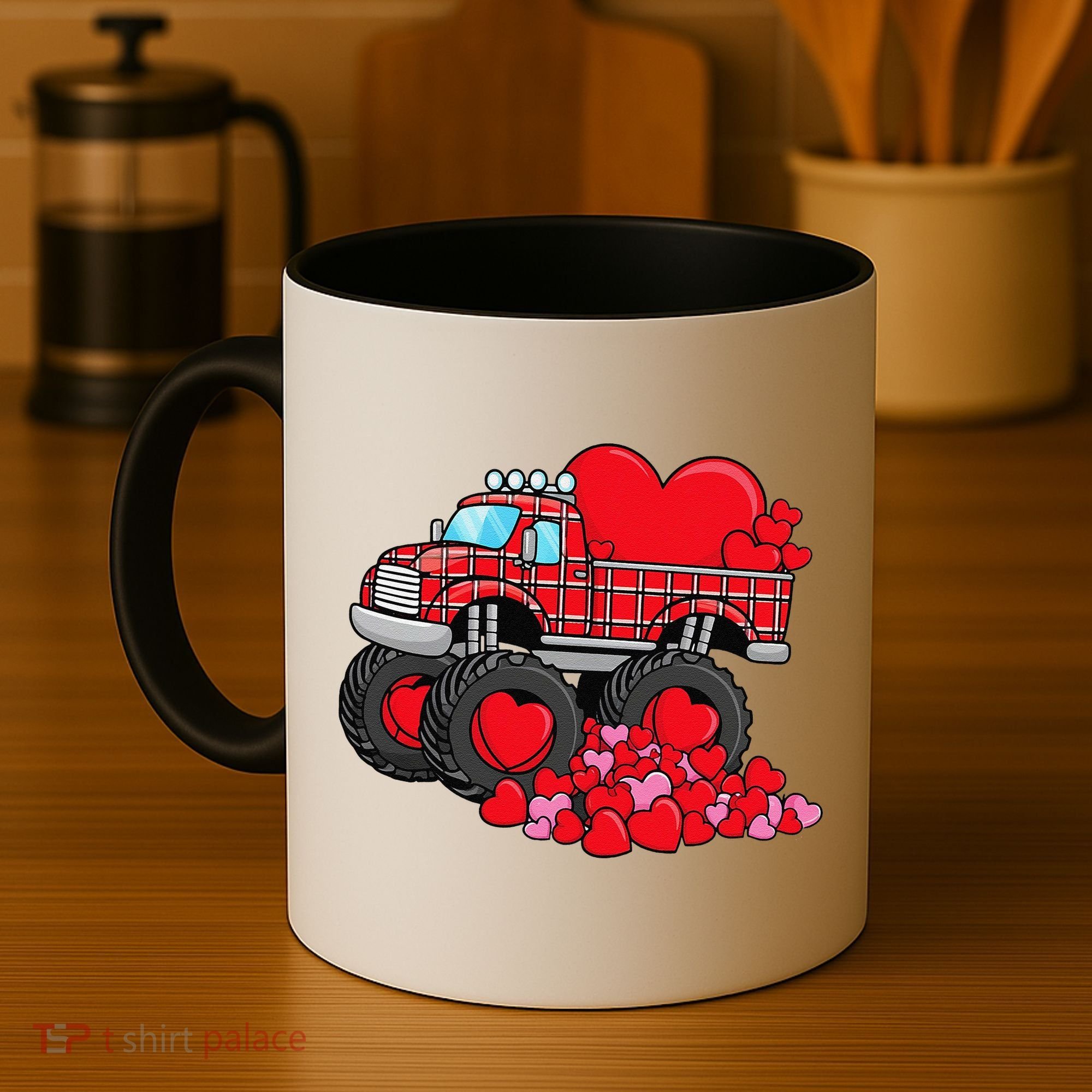 ValentineS Day Monster Truck With Hearts Plaid Coffee Mug