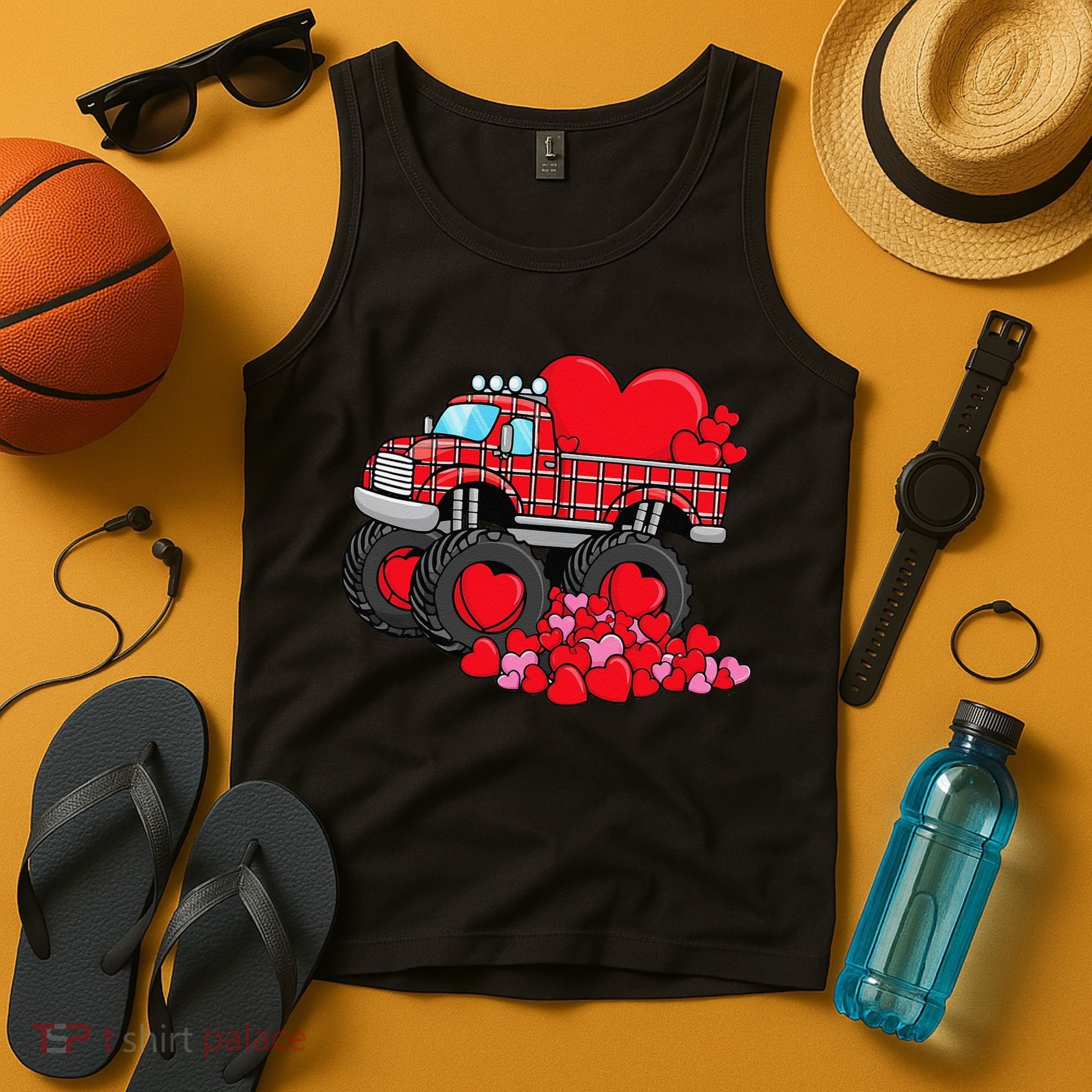 ValentineS Day Monster Truck With Hearts Plaid Tank Top
