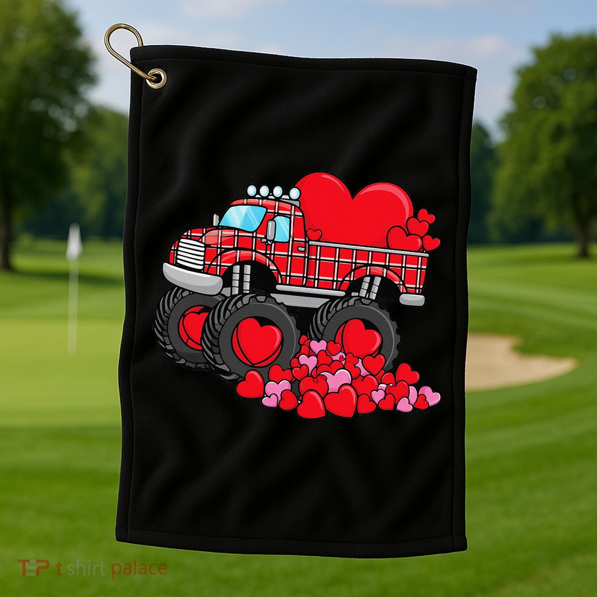 ValentineS Day Monster Truck With Hearts Plaid Golf Towel