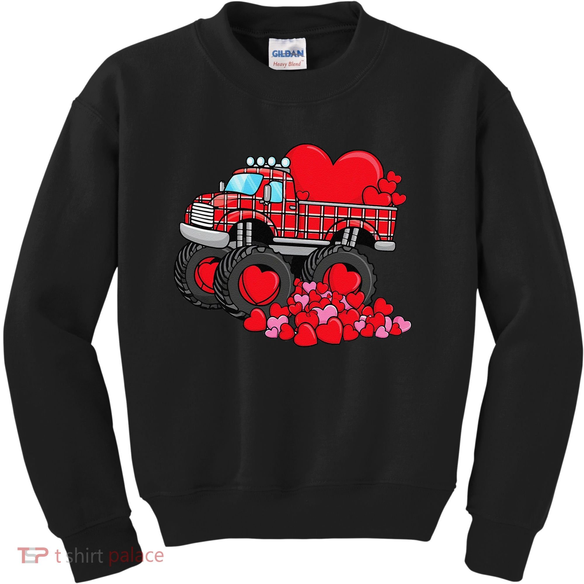 ValentineS Day Monster Truck With Hearts Plaid Kids Sweatshirt
