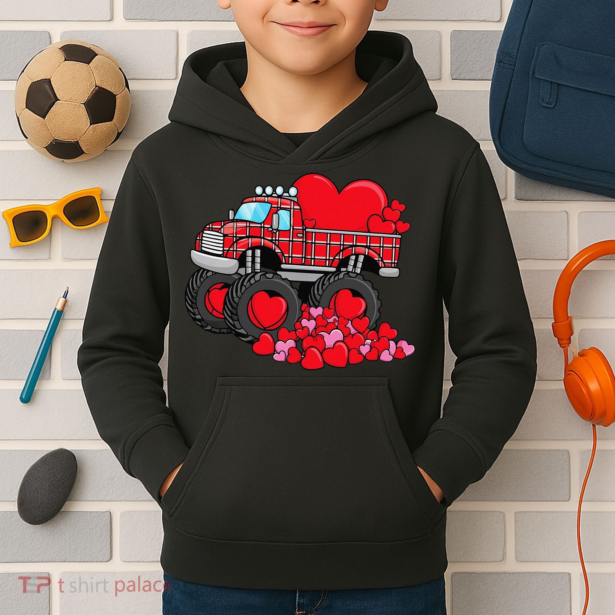 ValentineS Day Monster Truck With Hearts Plaid Kids Hoodie