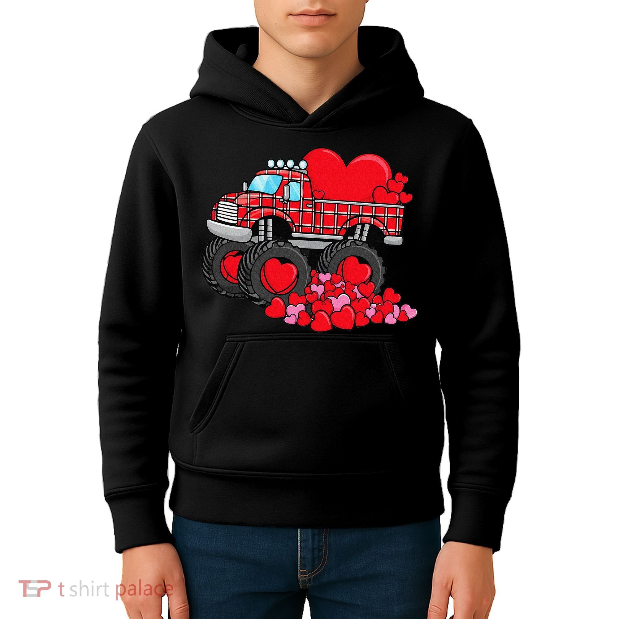 ValentineS Day Monster Truck With Hearts Plaid Kids Hoodie