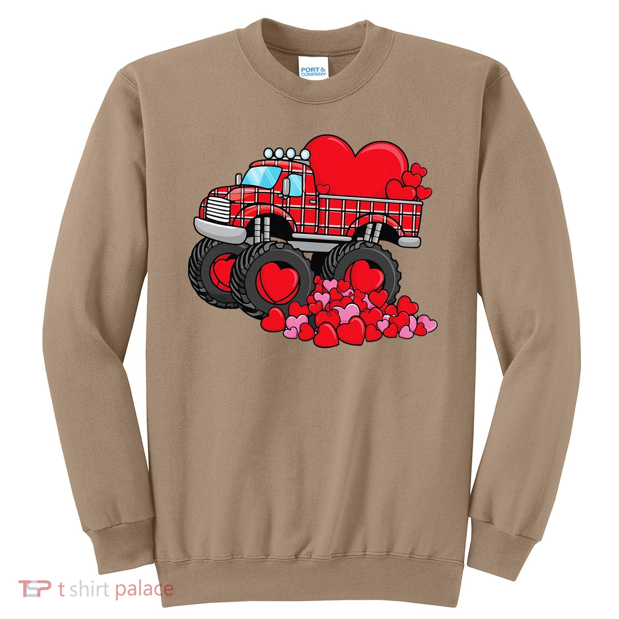 ValentineS Day Monster Truck With Hearts Plaid Sweatshirt