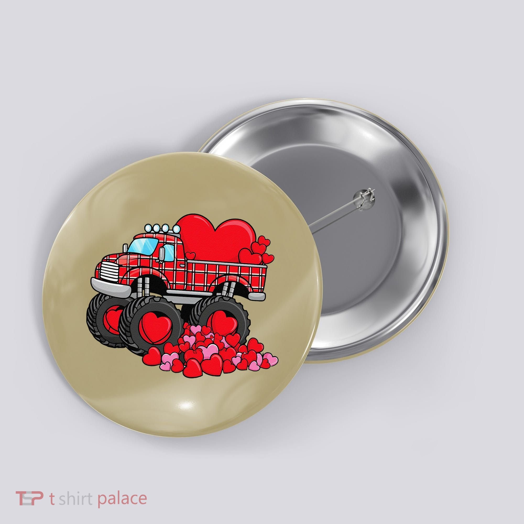 ValentineS Day Monster Truck With Hearts Plaid Button