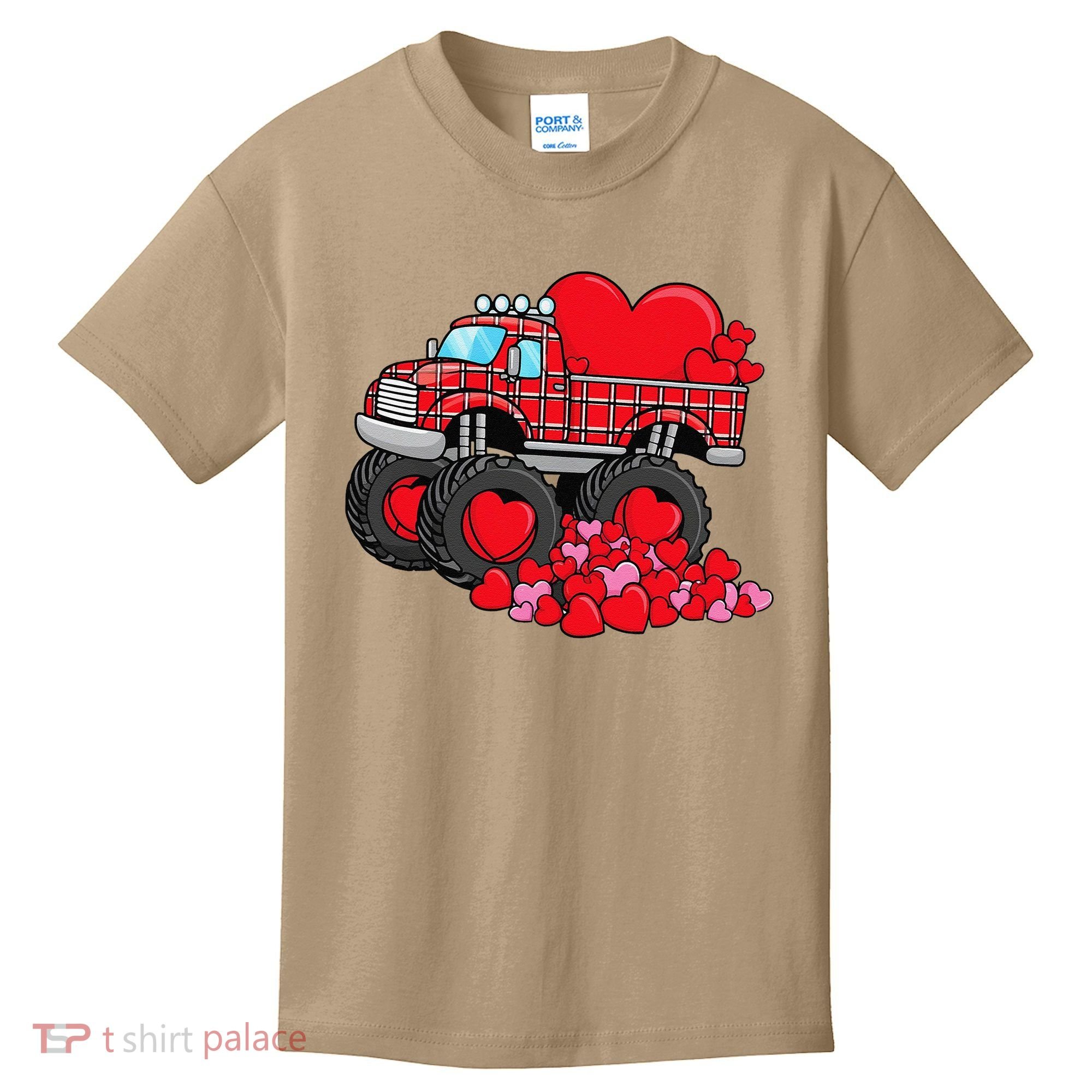 ValentineS Day Monster Truck With Hearts Plaid Kids T-Shirt