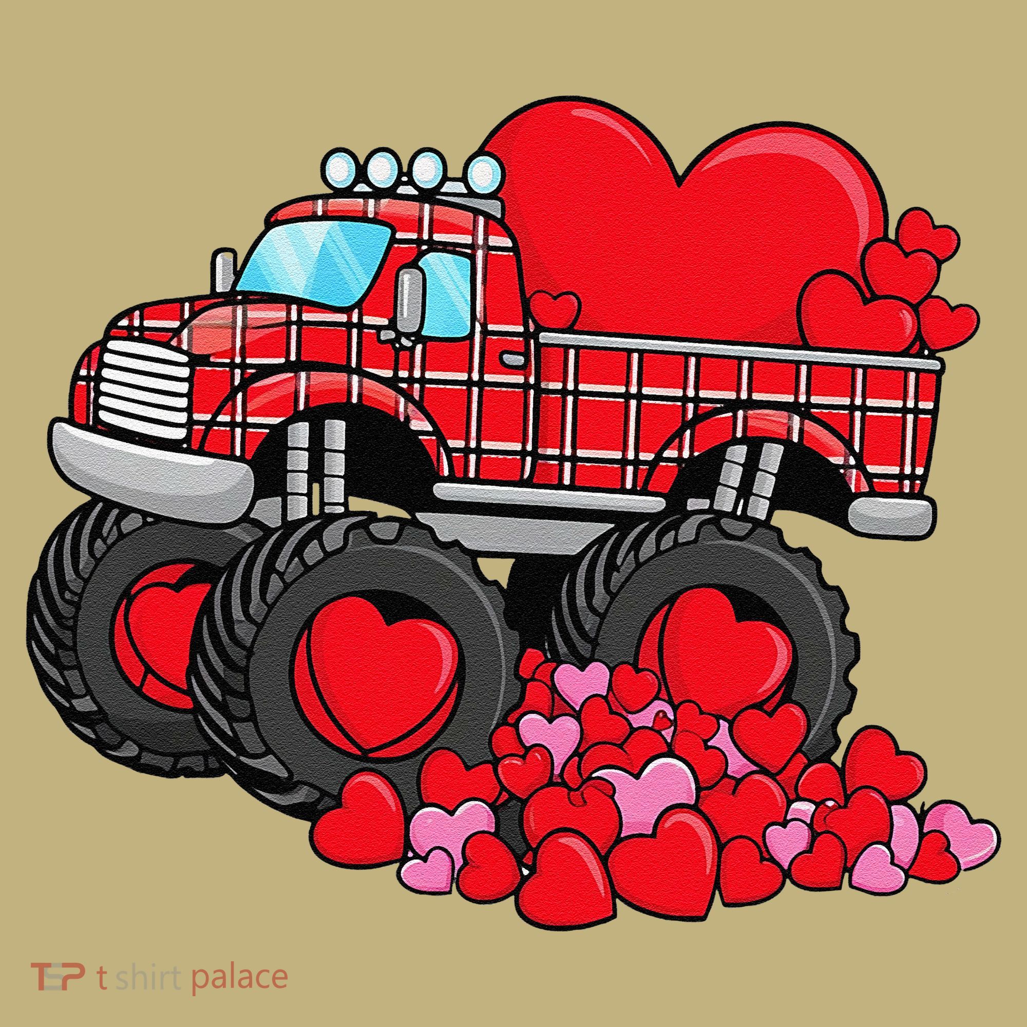 ValentineS Day Monster Truck With Hearts Plaid Kids T-Shirt