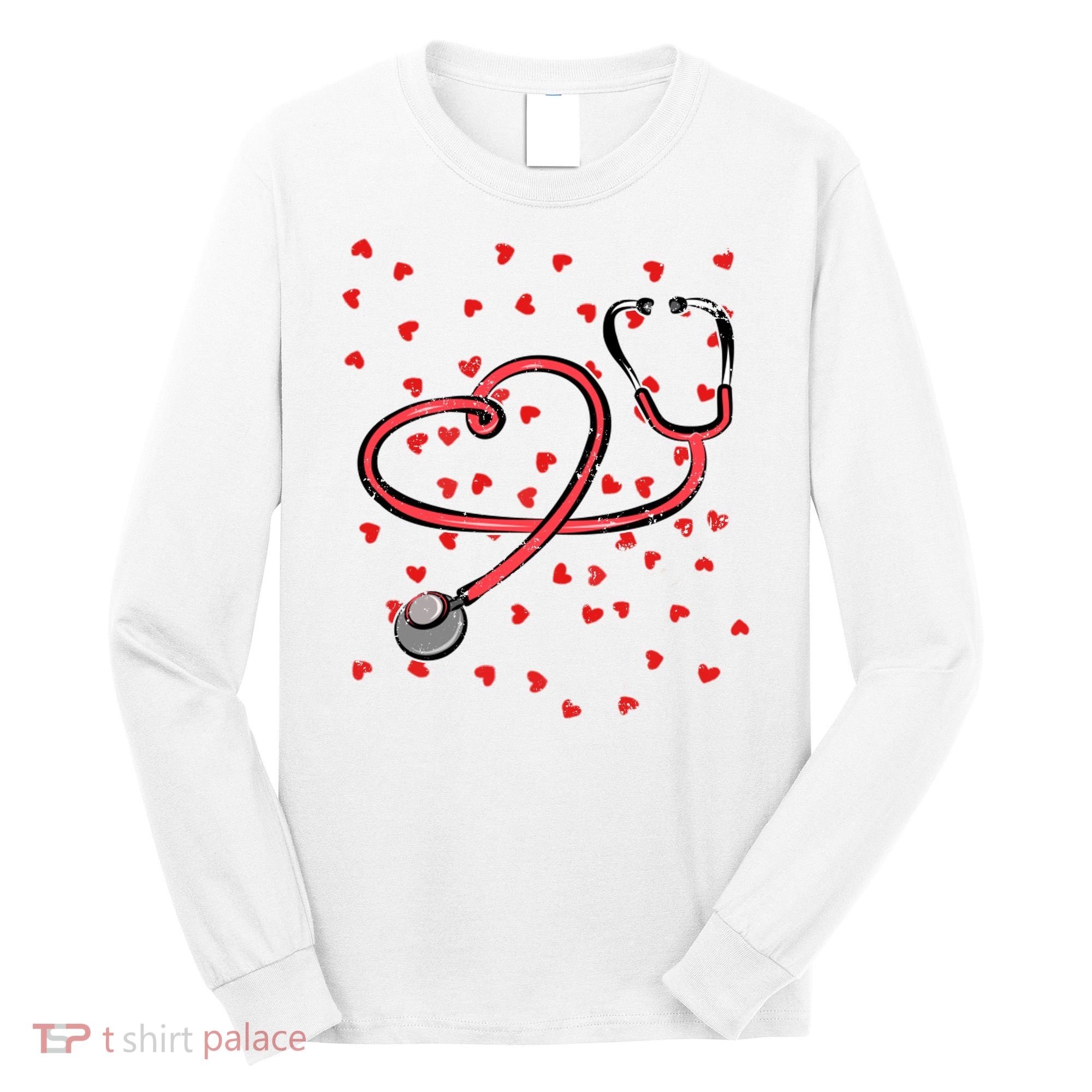 Valentines Day Nurse Stethoscope Hearts Long Sleeve Shirt