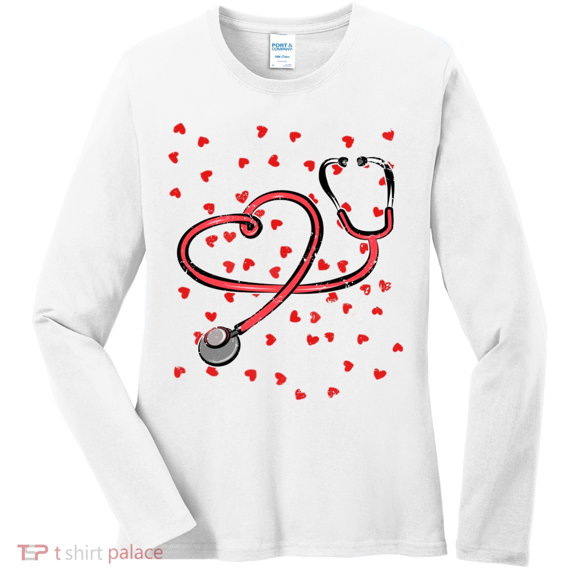 Valentines Day Nurse Stethoscope Hearts Women's Long Sleeve Shirt