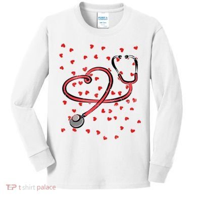 Valentines Day Nurse Stethoscope Hearts Kids Long Sleeve Shirt