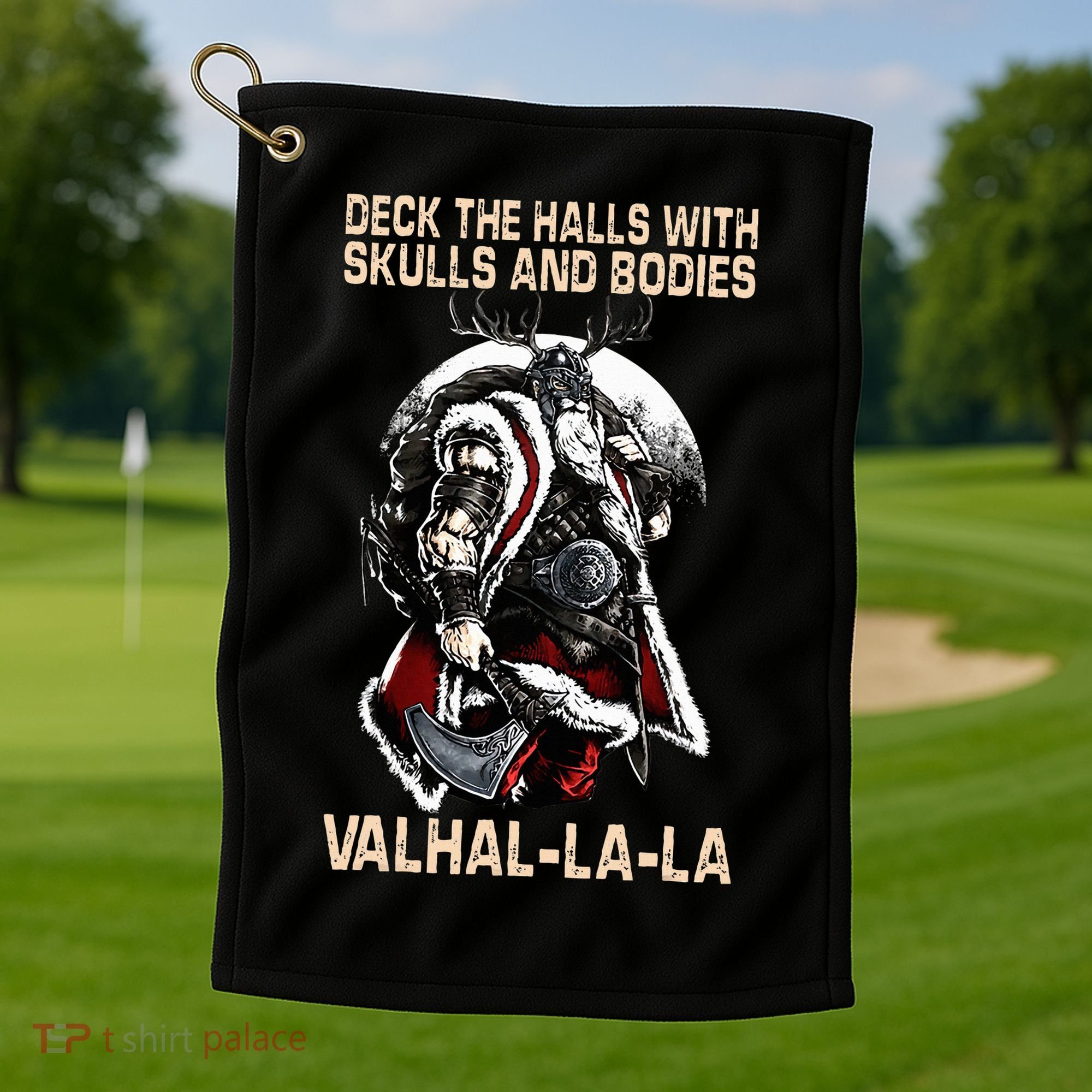 Valhalla-La Deck the halls with skulls and bodies Christmas Golf Towel