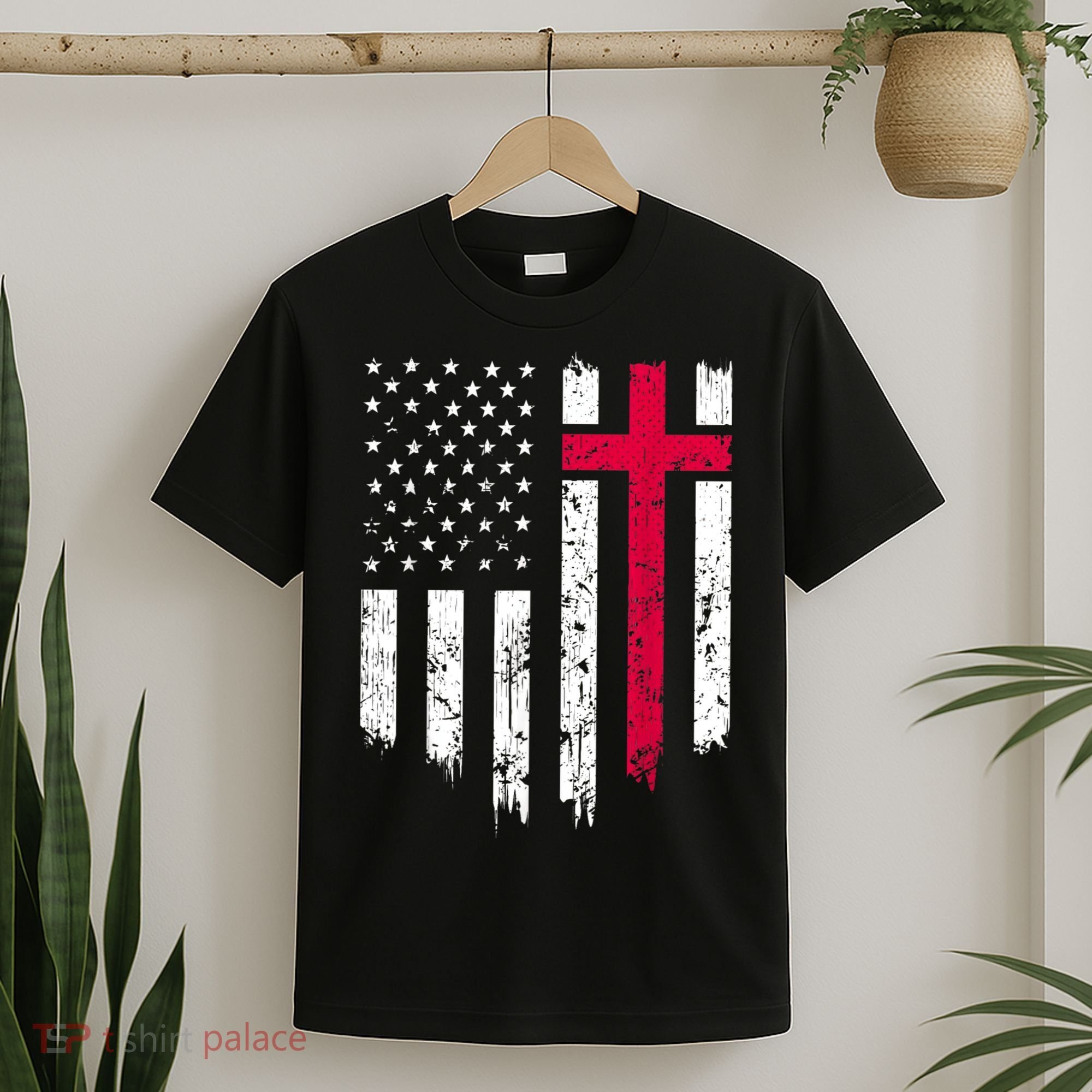 Vintage Distressed USA Flag Cross Christian Faith Gift T-Shirt