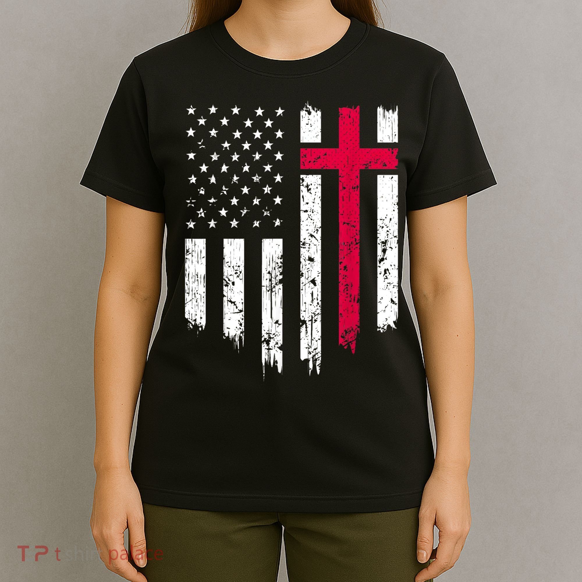 Vintage Distressed USA Flag Cross Christian Faith Gift T-Shirt