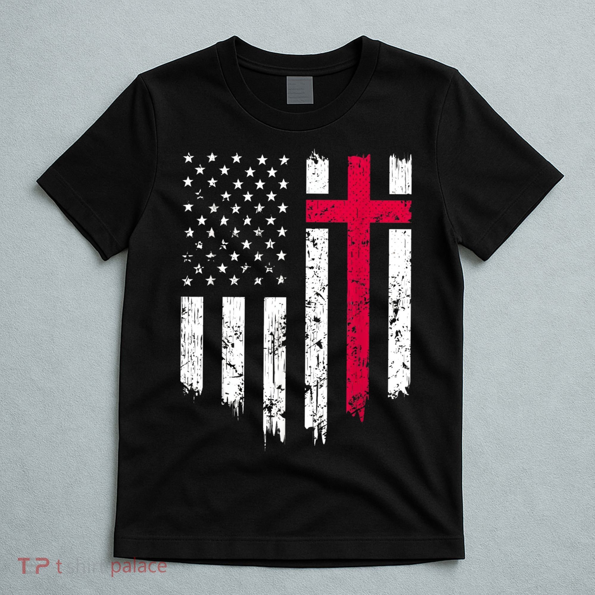 Vintage Distressed USA Flag Cross Christian Faith Gift T-Shirt