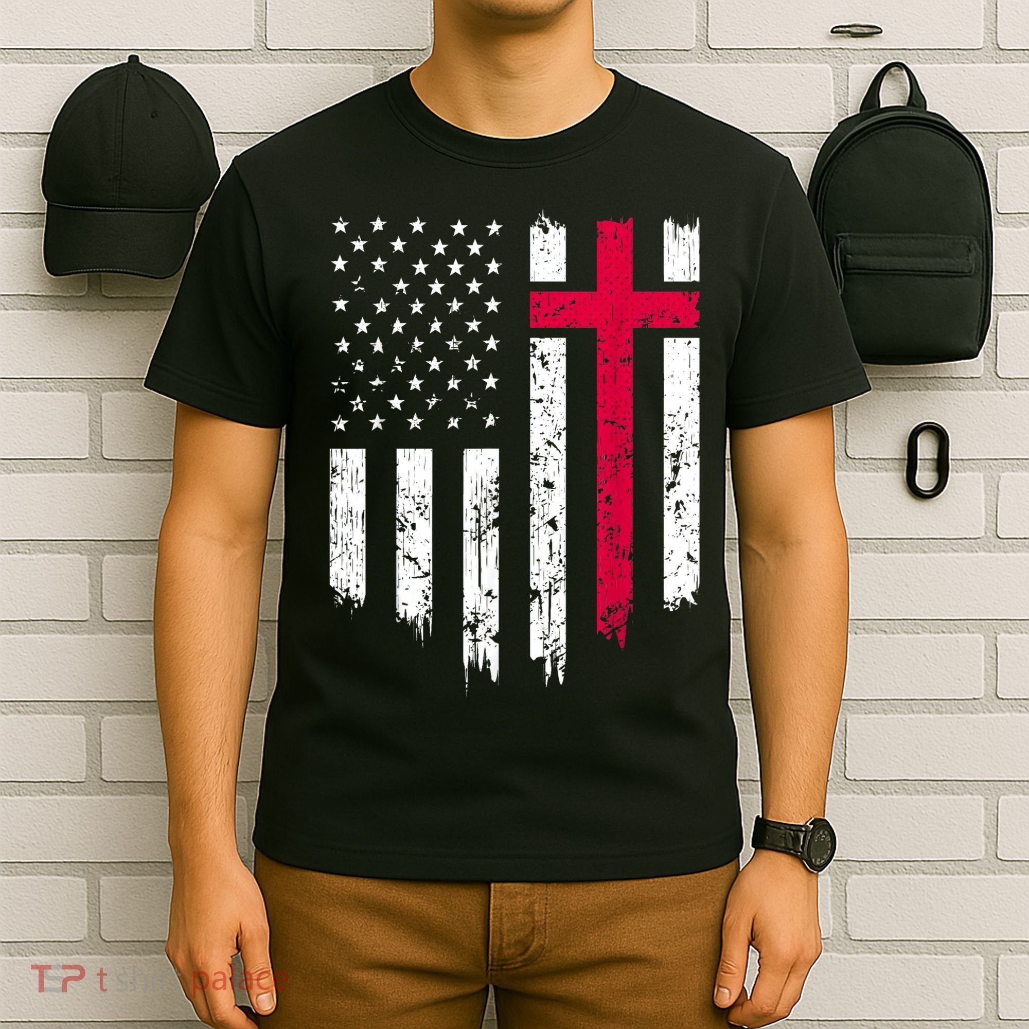 Vintage Distressed USA Flag Cross Christian Faith Gift T-Shirt