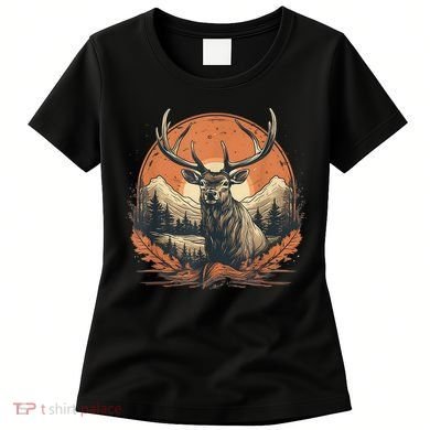 Vintage Elk Design With Sunset Background For Retro Lovers Women's T-Shirt