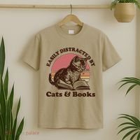 Vintage Easily Distracted By Cats And Books T-Shirt thumb 2