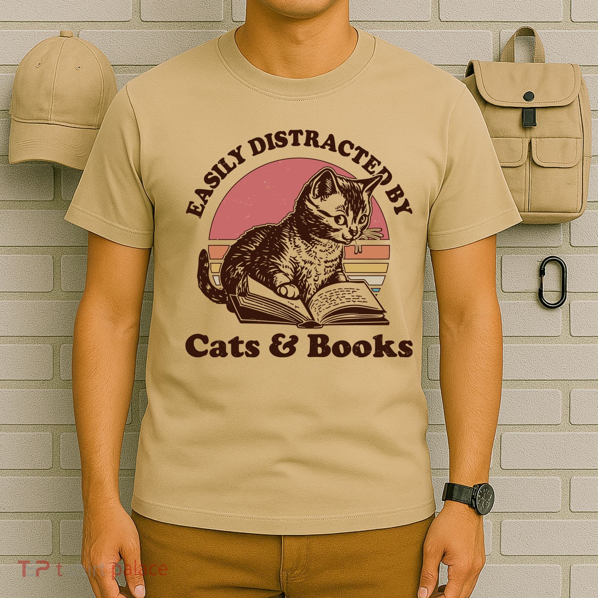 Vintage Easily Distracted By Cats And Books T-Shirt
