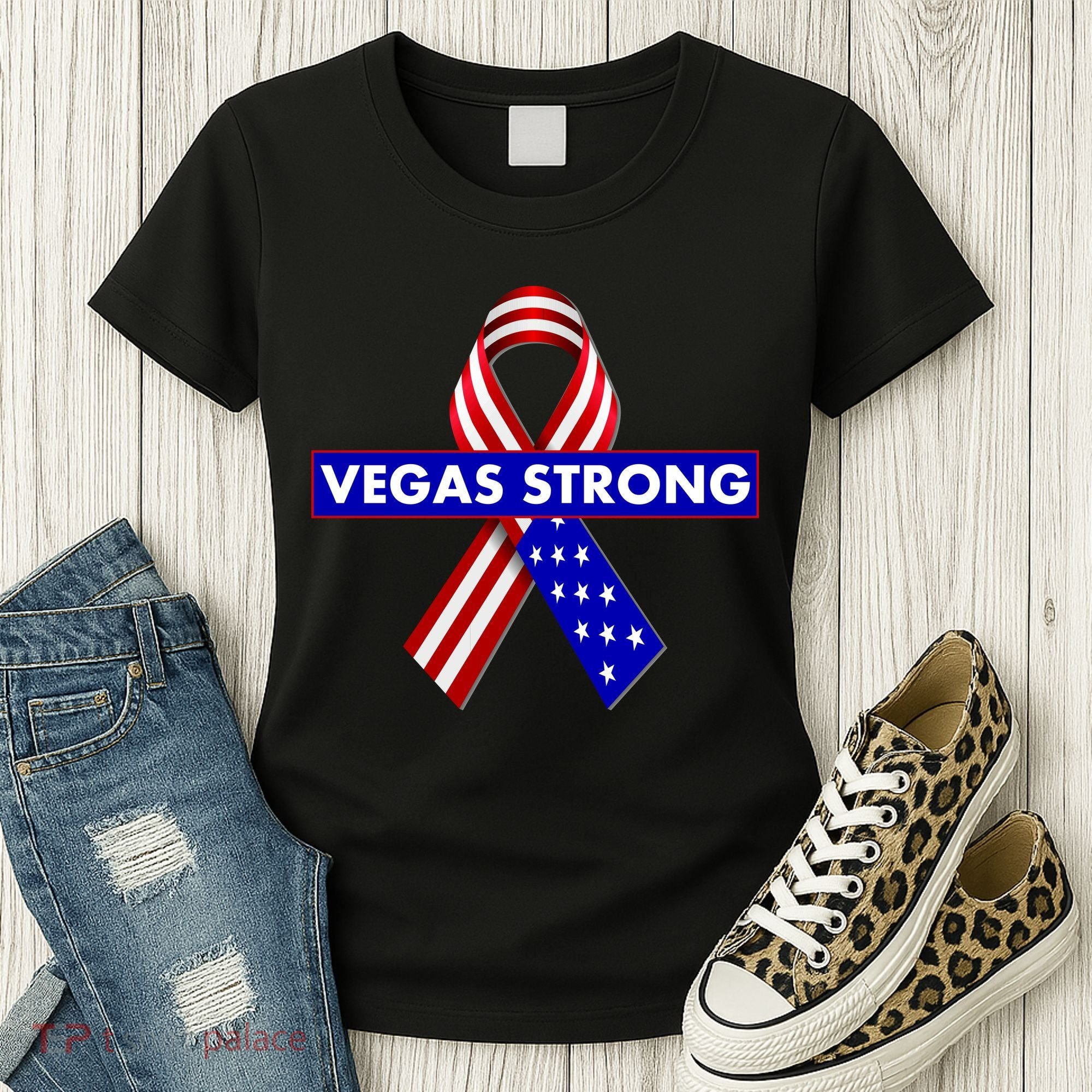 Vegas Strong USA Flag Ribbon Women's T-Shirt