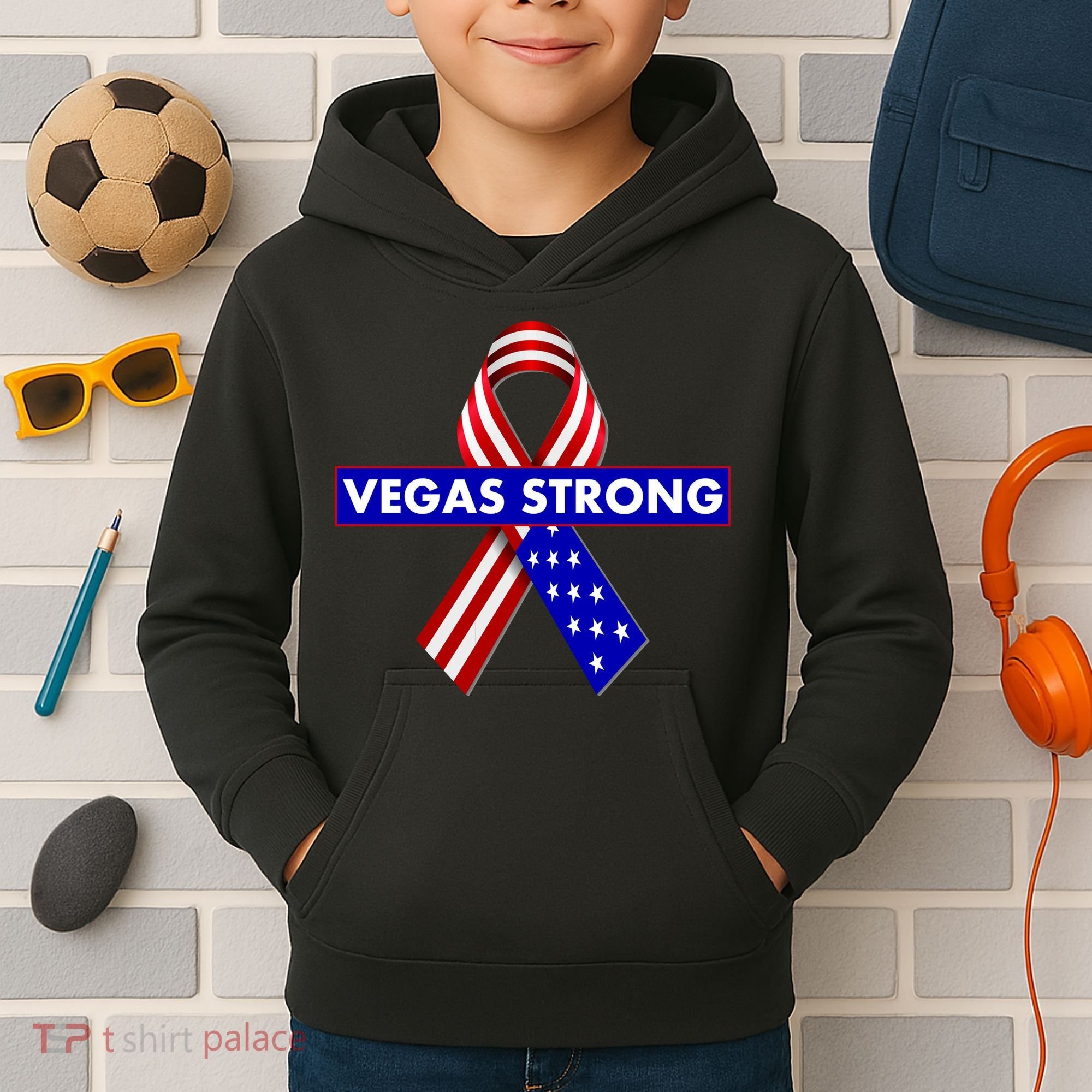 Vegas Strong USA Flag Ribbon Kids Hoodie