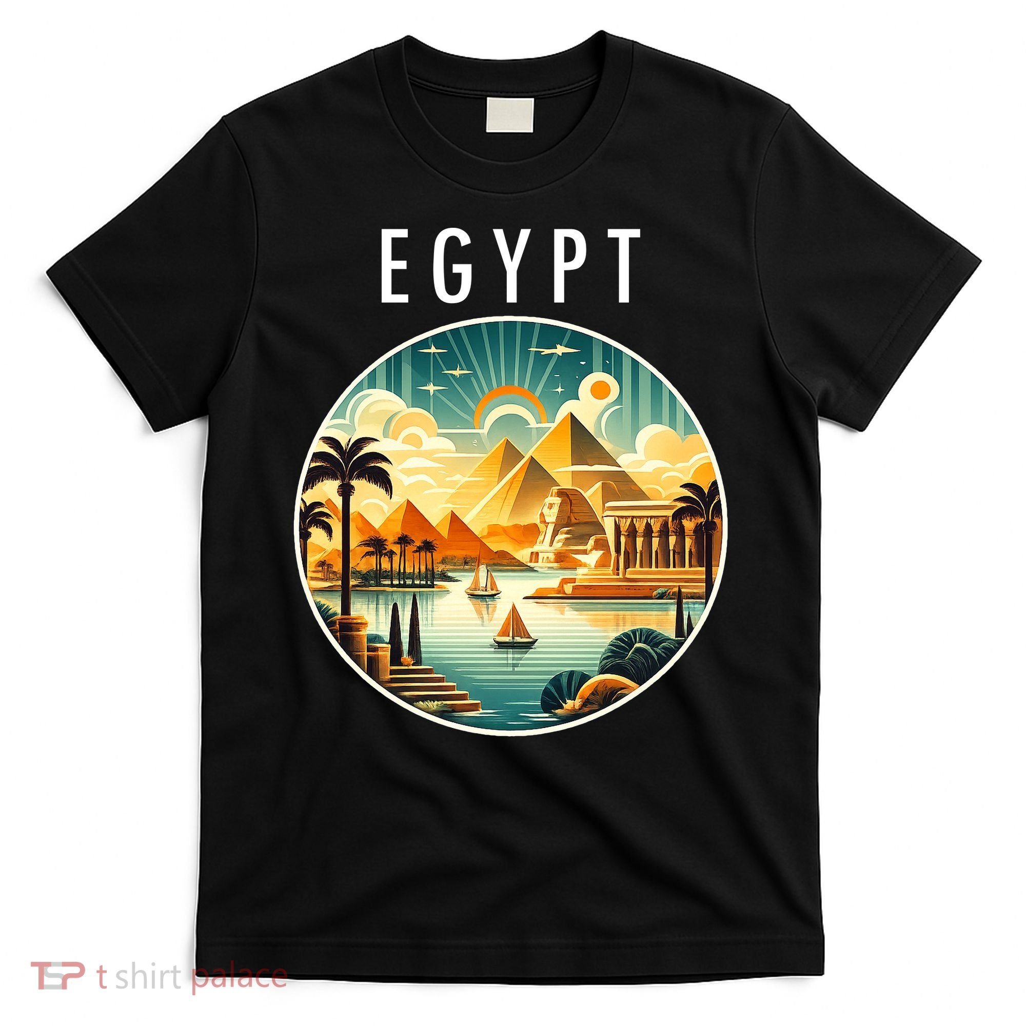 Vintage Egyptian Landscape Art Pyramids And Sun T-Shirt