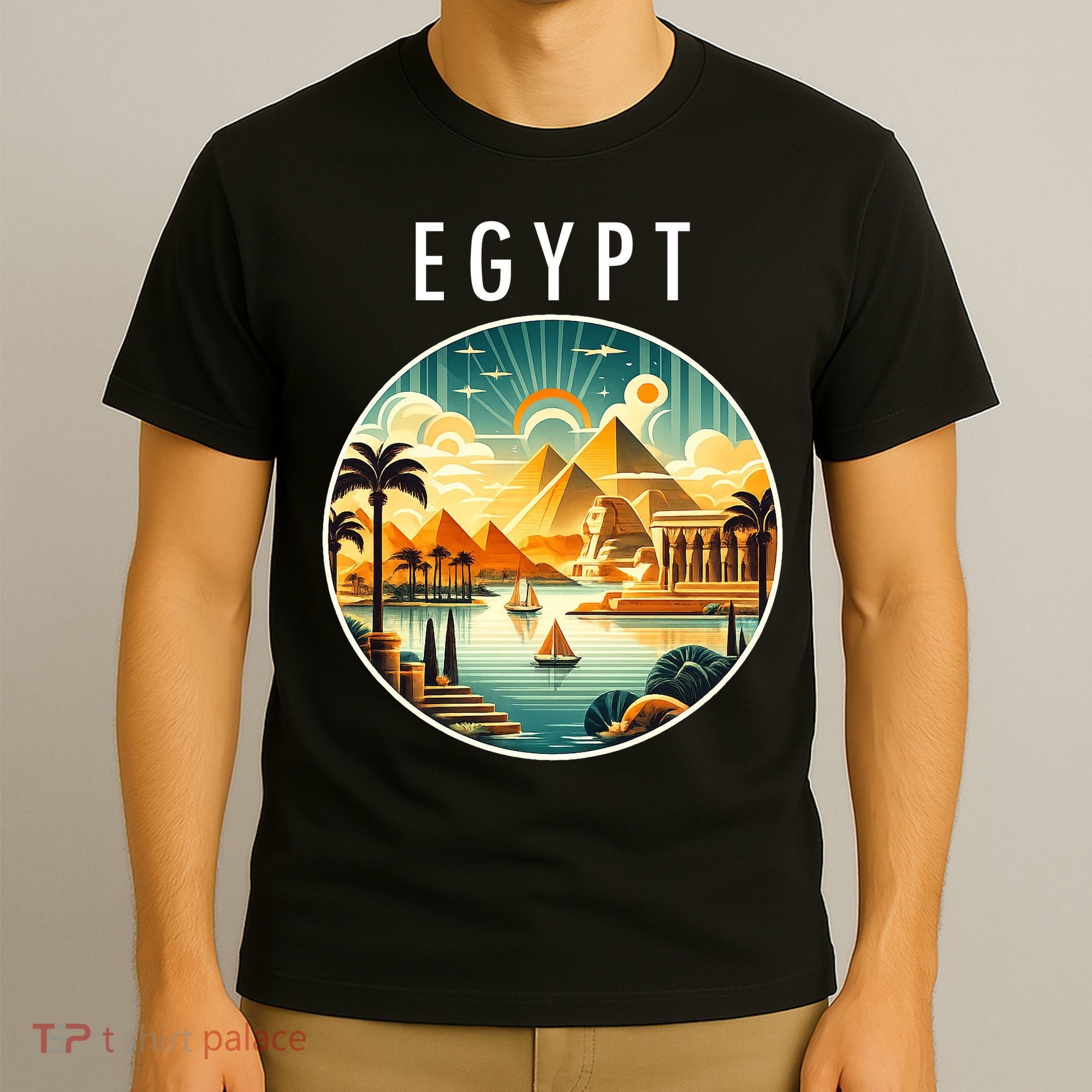 Vintage Egyptian Landscape Art Pyramids And Sun T-Shirt