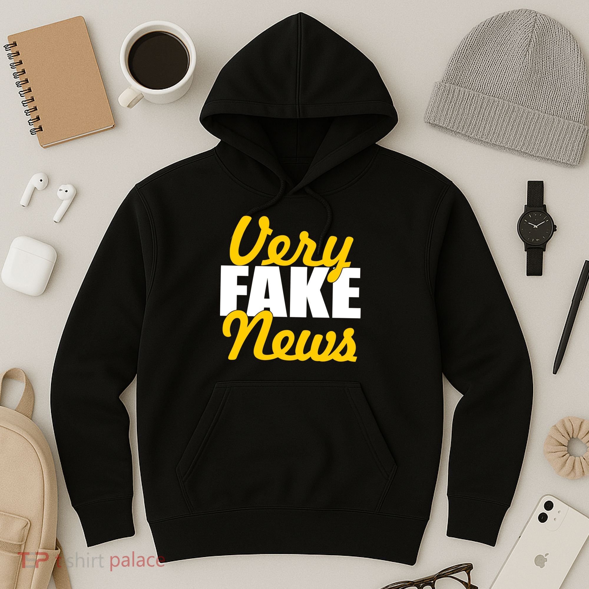 Very Fake News Black & Gold Script Hoodie
