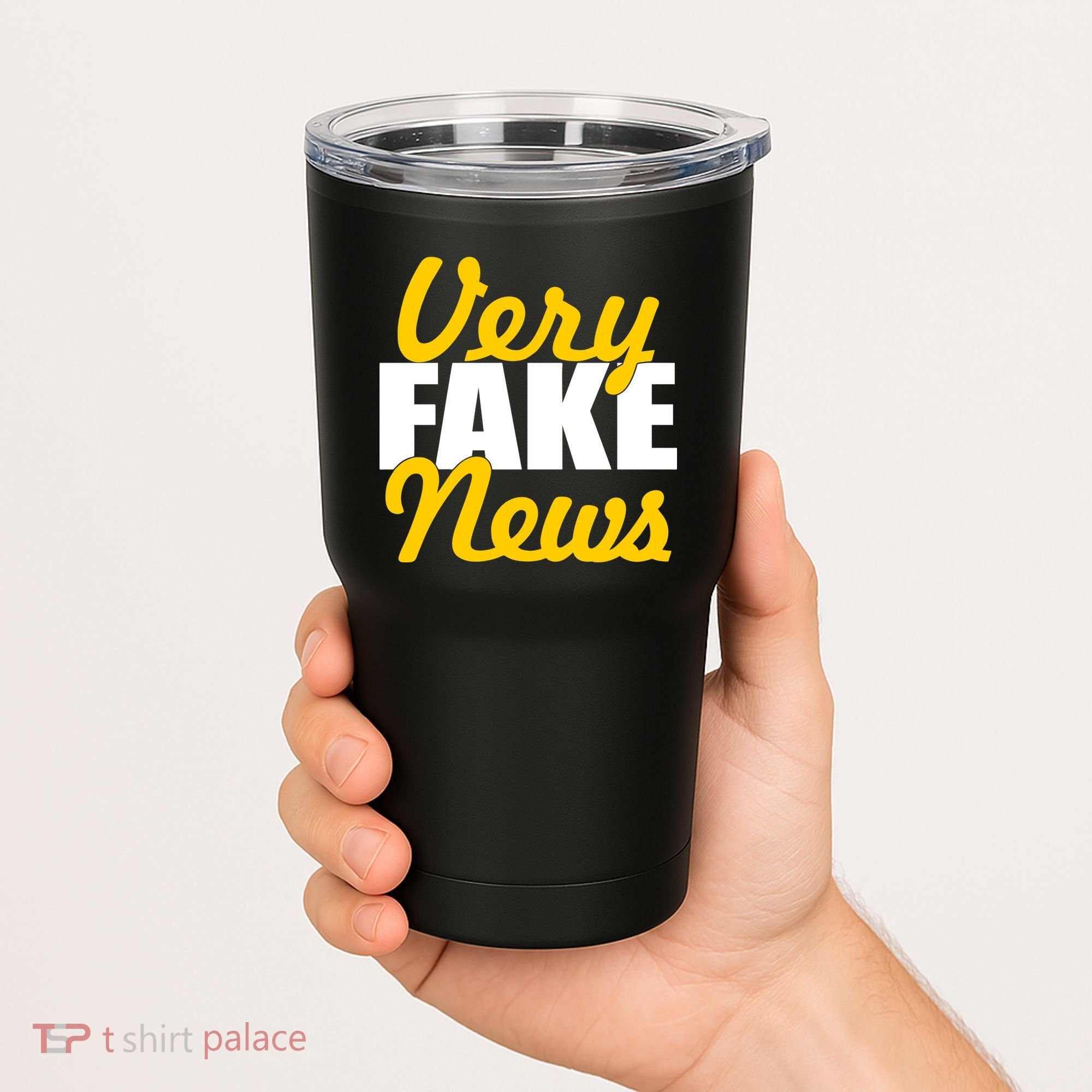 Very Fake News Black & Gold Script Tumbler