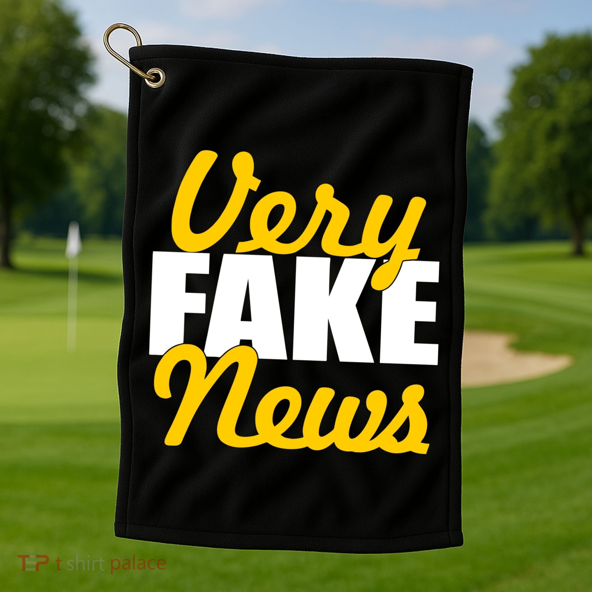 Very Fake News Black & Gold Script Golf Towel