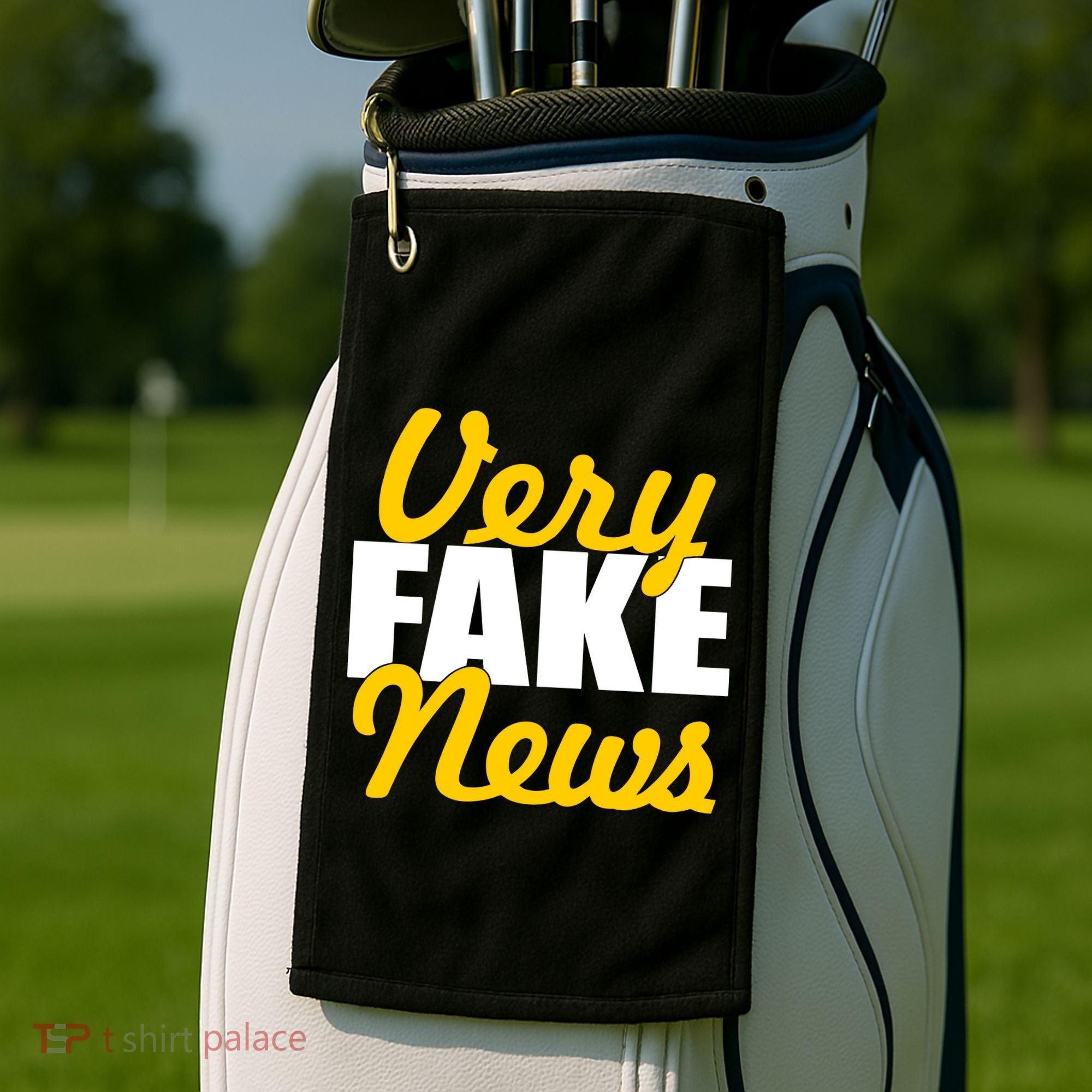 Very Fake News Black & Gold Script Golf Towel