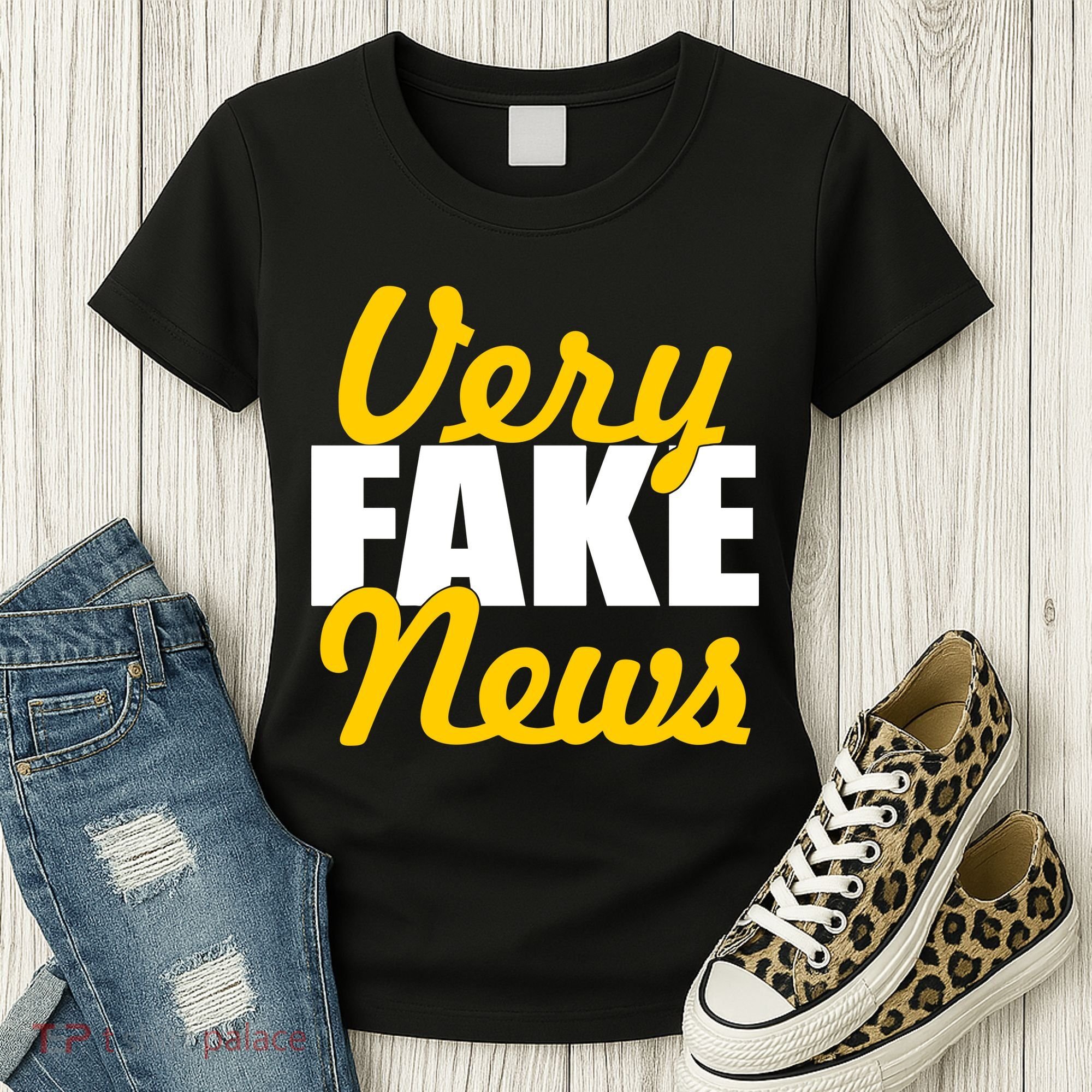 Very Fake News Black & Gold Script Women's T-Shirt