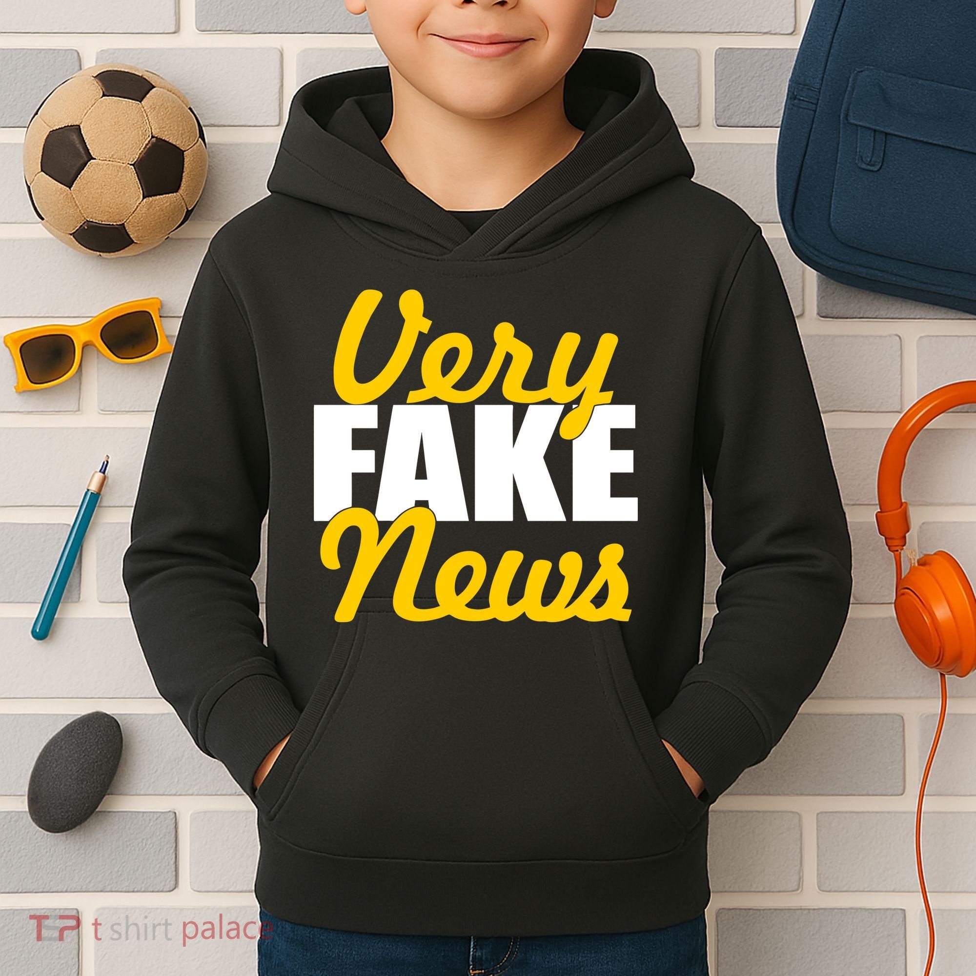 Very Fake News Black & Gold Script Kids Hoodie