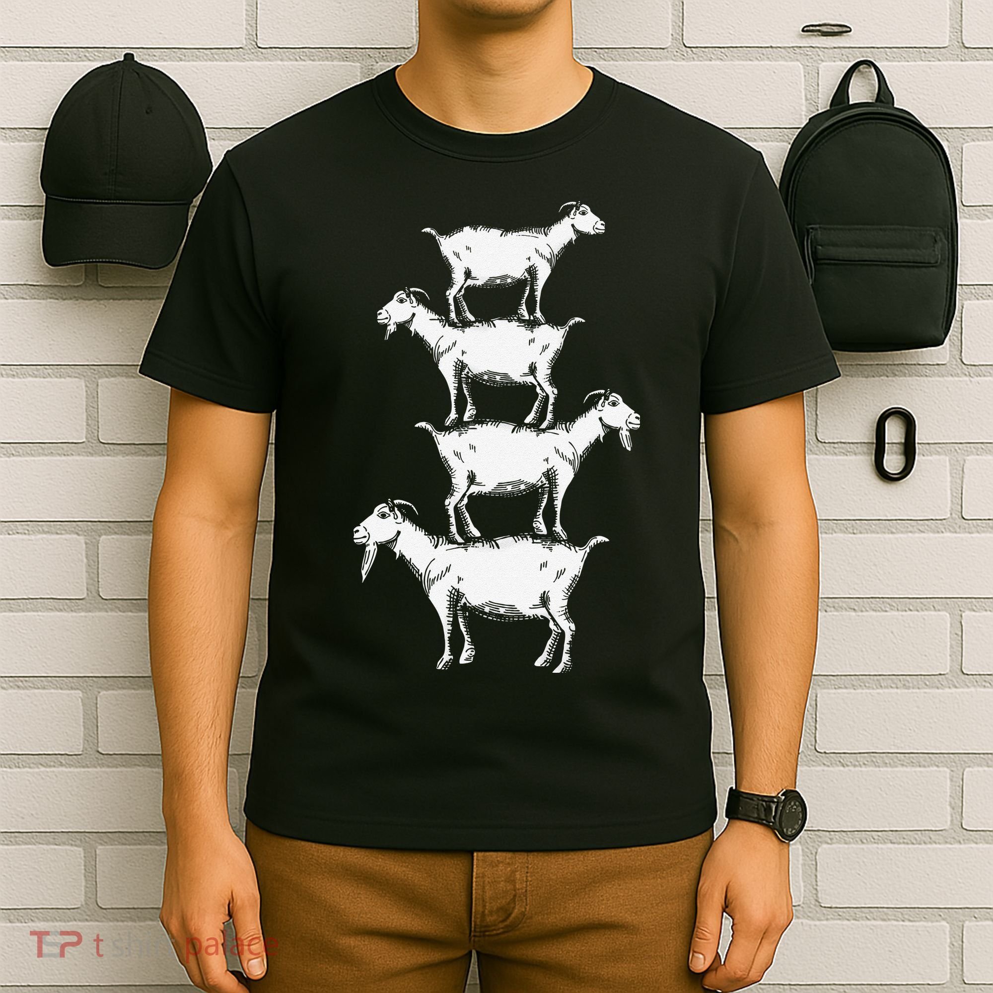 Vintage Four Buck Goats Over Each Other Farmer Goat Lovers T-Shirt