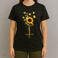 Vintage Faith Cross Sunflower Butterflies Flowers Christians T-Shirt thumb 4
