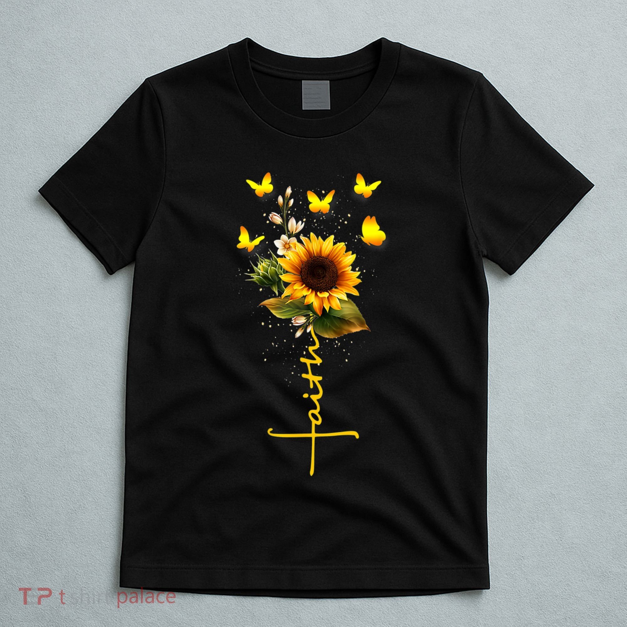 Vintage Faith Cross Sunflower Butterflies Flowers Christians T-Shirt