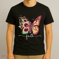 Vintage Faith Cross Sunflower Butterfly Christian T-Shirt thumb 3
