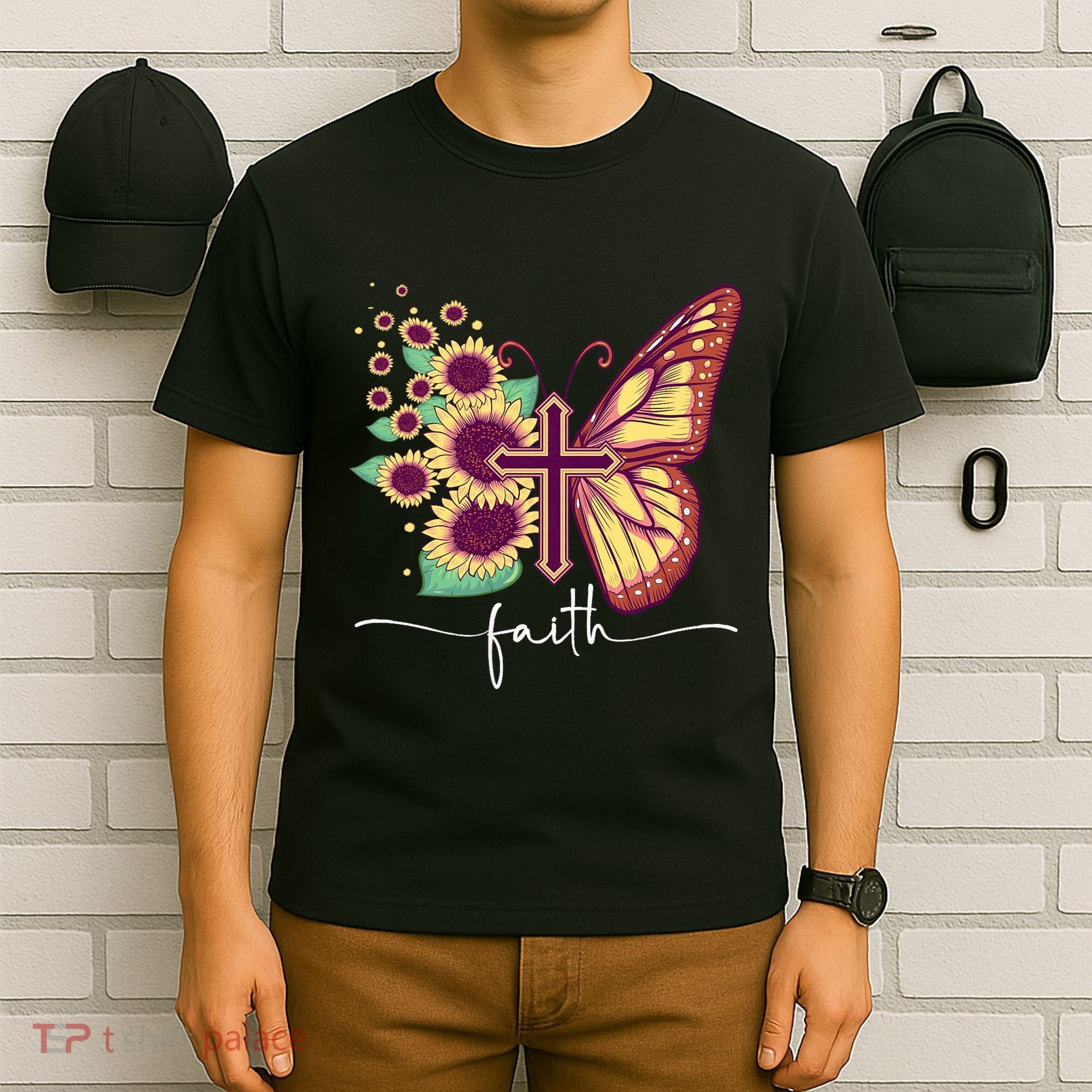 Vintage Faith Cross Sunflower Butterfly Christian T-Shirt