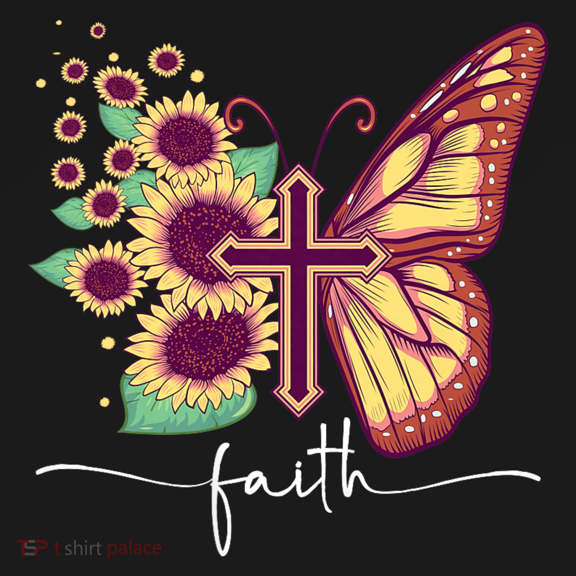 Vintage Faith Cross Sunflower Butterfly Christian T-Shirt