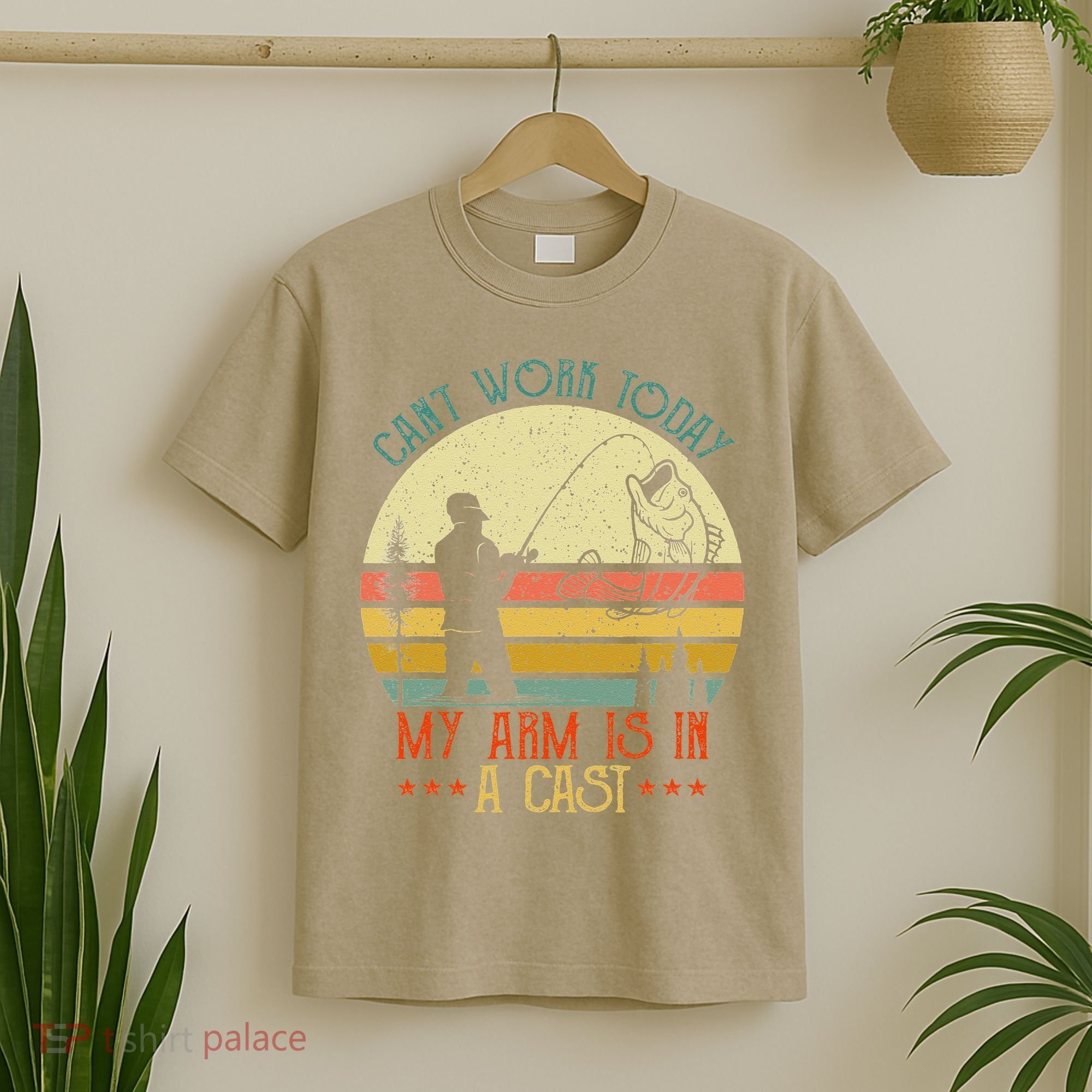 Vintage Funny Fishing Can't Work Today My Arm Is In A Cast T-Shirt