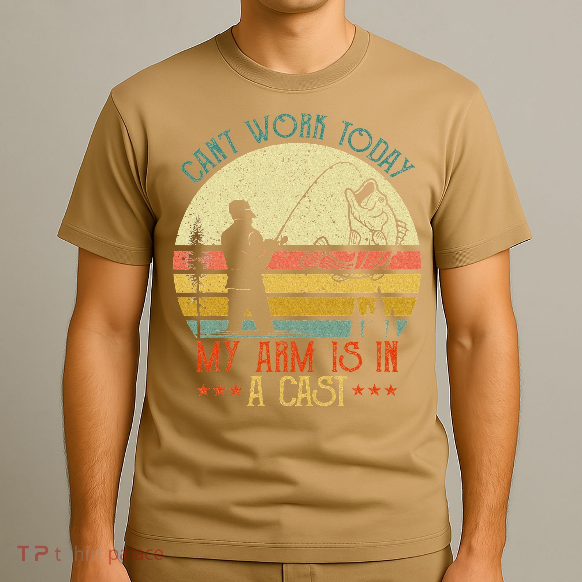 Vintage Funny Fishing Can't Work Today My Arm Is In A Cast T-Shirt