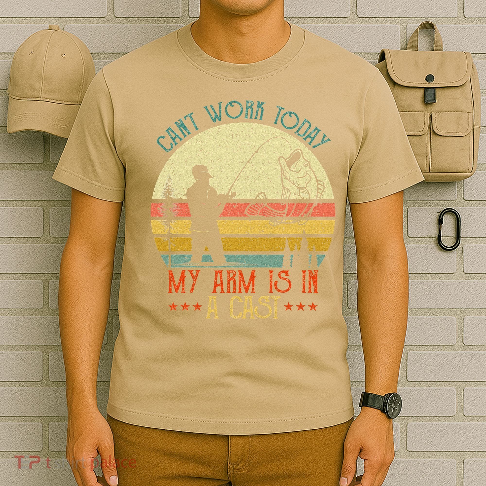 Vintage Funny Fishing Can't Work Today My Arm Is In A Cast T-Shirt